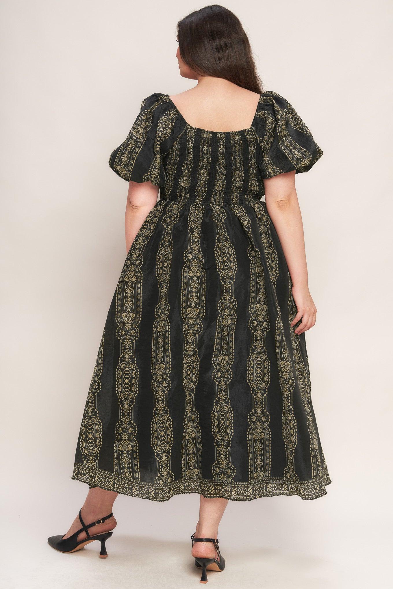 Vintage Square Woven Midi Dress in black taupe, view 4 — Soul Flow Apparel