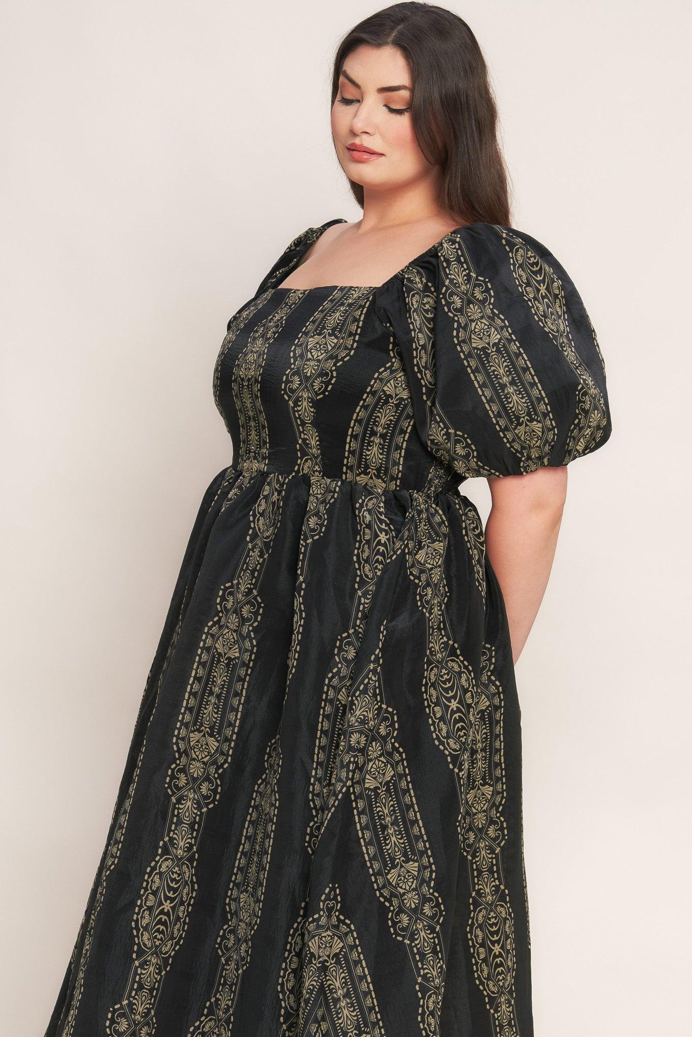 Vintage Square Woven Midi Dress in black taupe, view 5 — Soul Flow Apparel