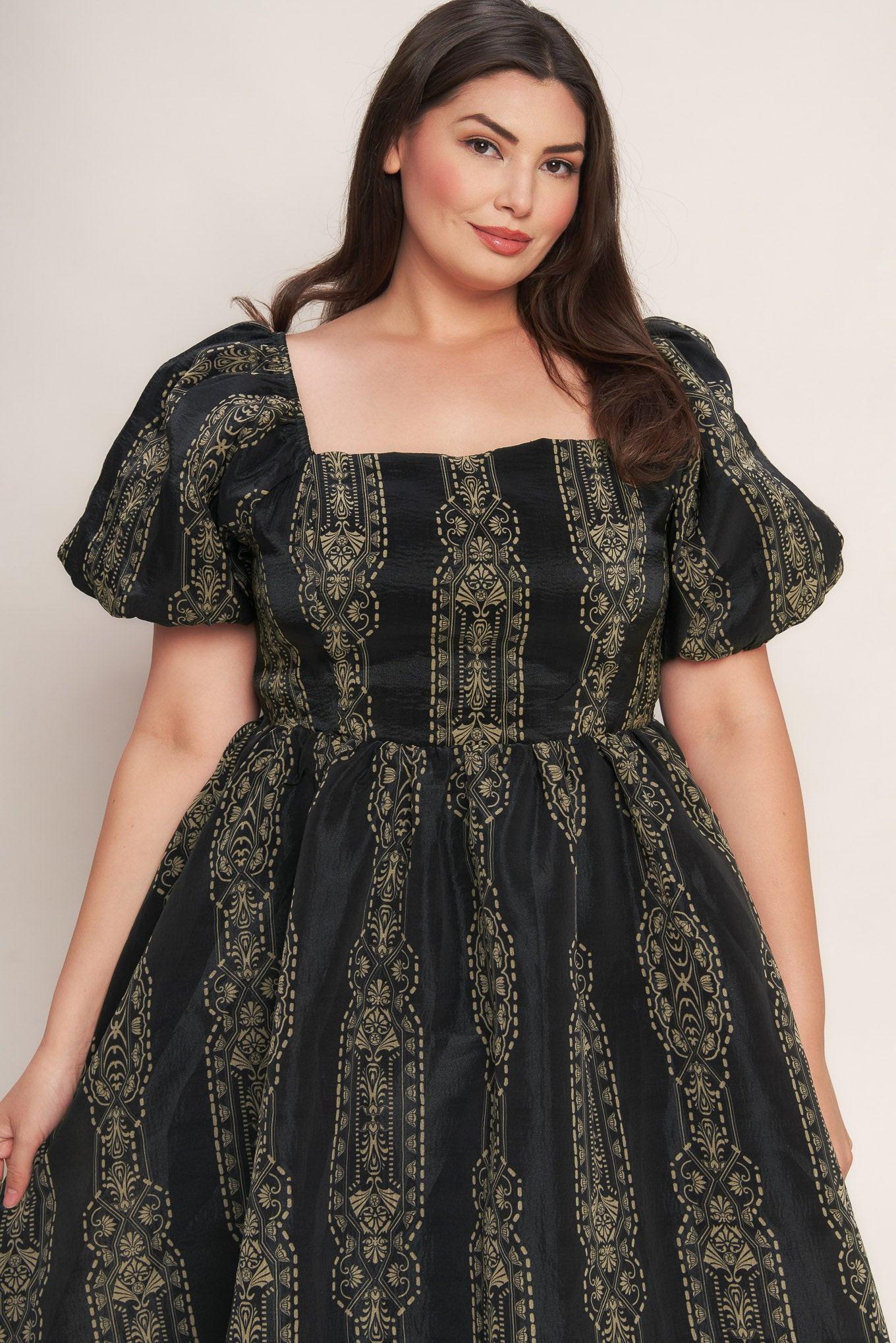 Vintage Square Woven Midi Dress in black taupe, view 6 — Soul Flow Apparel