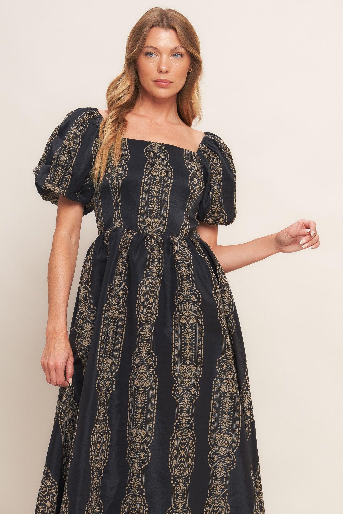 Vintage Square Woven Midi Dress in black taupe, view 2 — Soul Flow Apparel