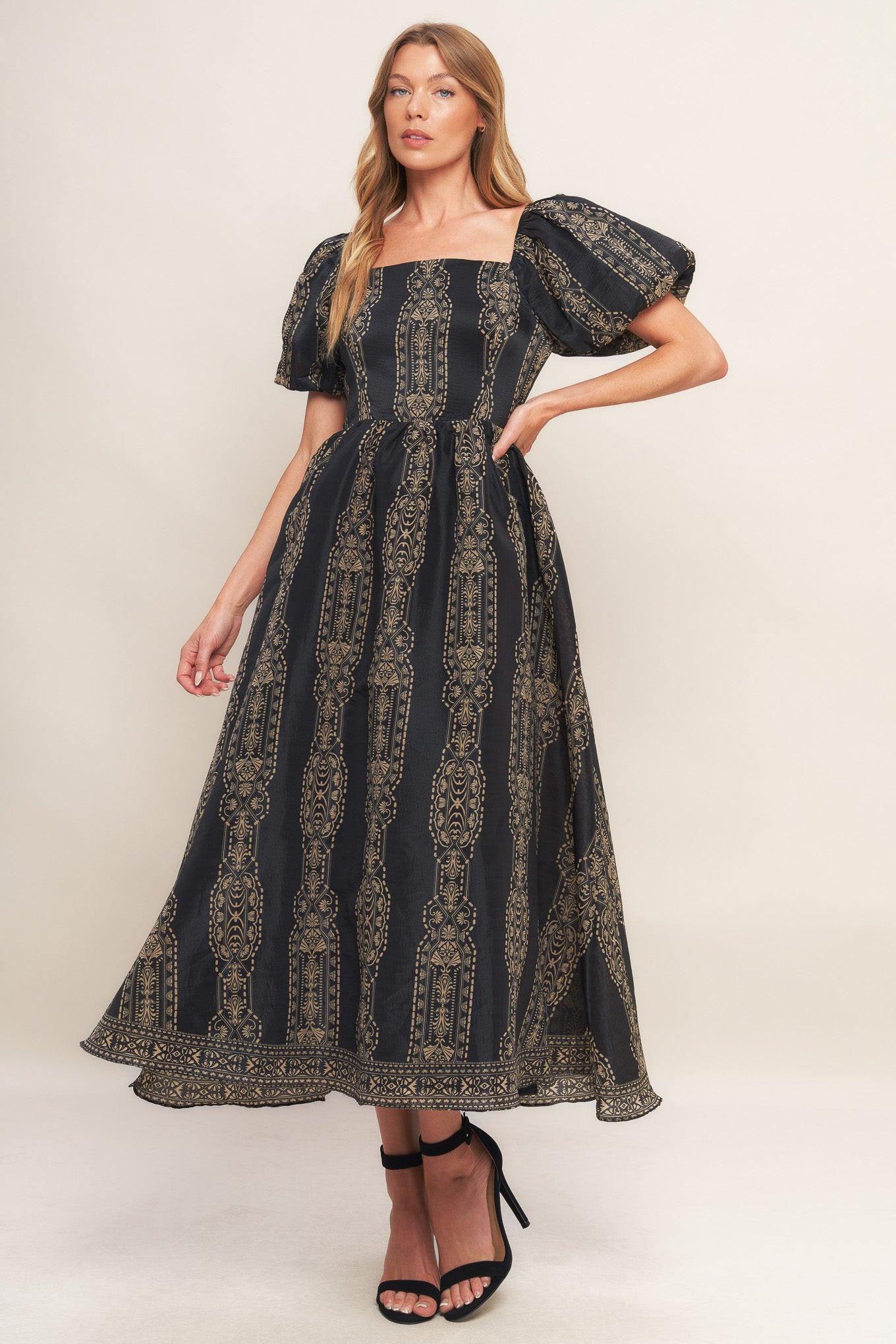 Vintage Square Woven Midi Dress in black taupe, view 3 — Soul Flow Apparel