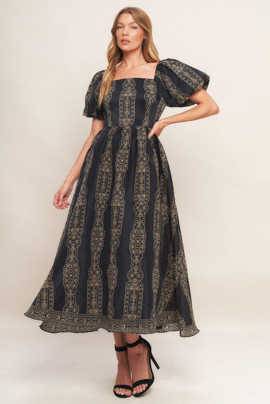 Vintage Square Woven Midi Dress in black taupe, view 3 — Soul Flow Apparel