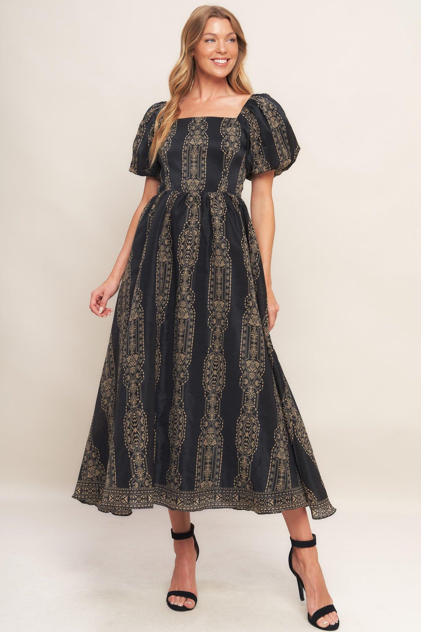 Vintage Square Woven Midi Dress in black taupe, view 4 — Soul Flow Apparel
