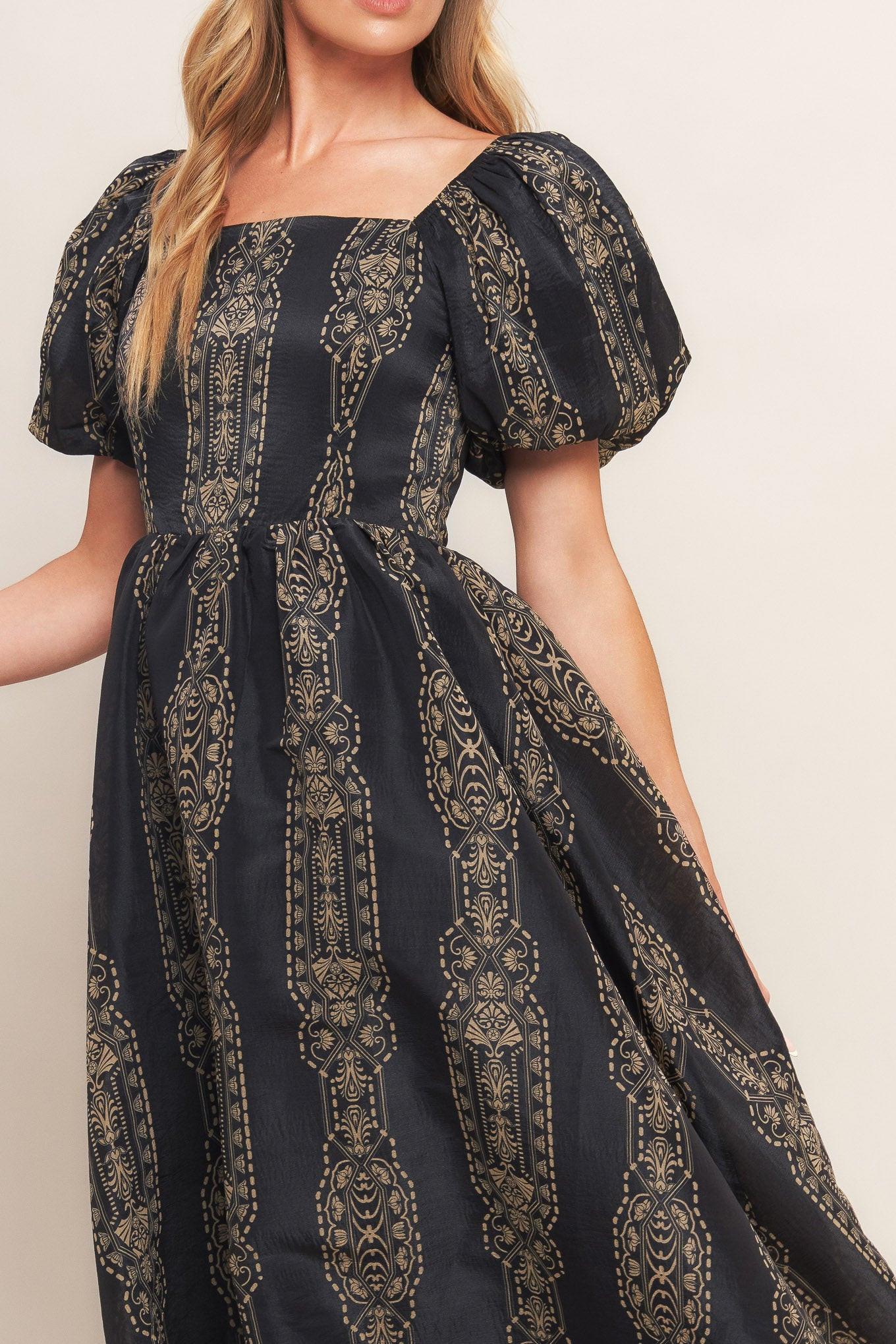 Vintage Square Woven Midi Dress in black taupe, view 5 — Soul Flow Apparel