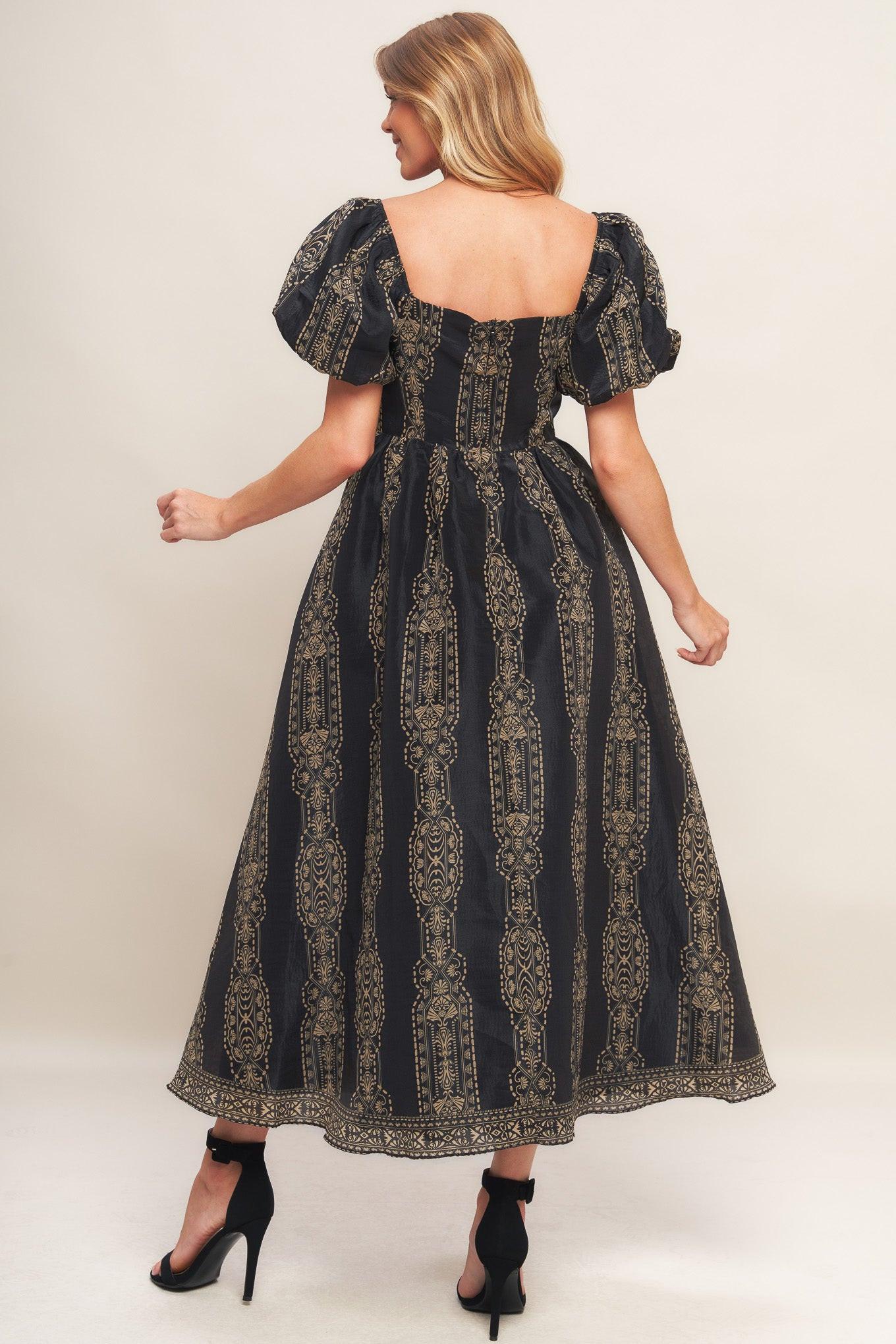 Vintage Square Woven Midi Dress in black taupe, view 7 — Soul Flow Apparel