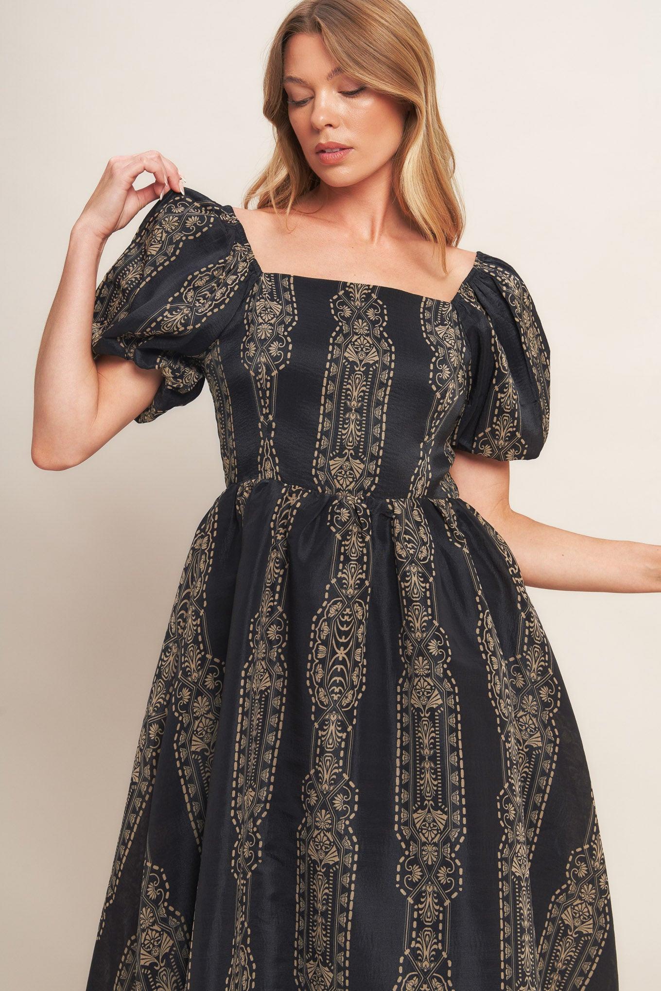 Vintage Square Woven Midi Dress in black taupe, view 8 — Soul Flow Apparel