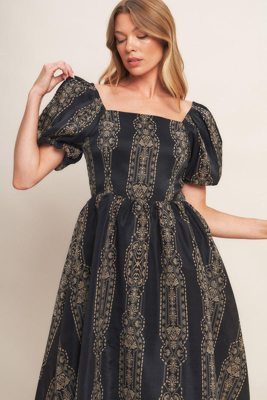 Vintage Square Woven Midi Dress in black taupe, view 8 — Soul Flow Apparel