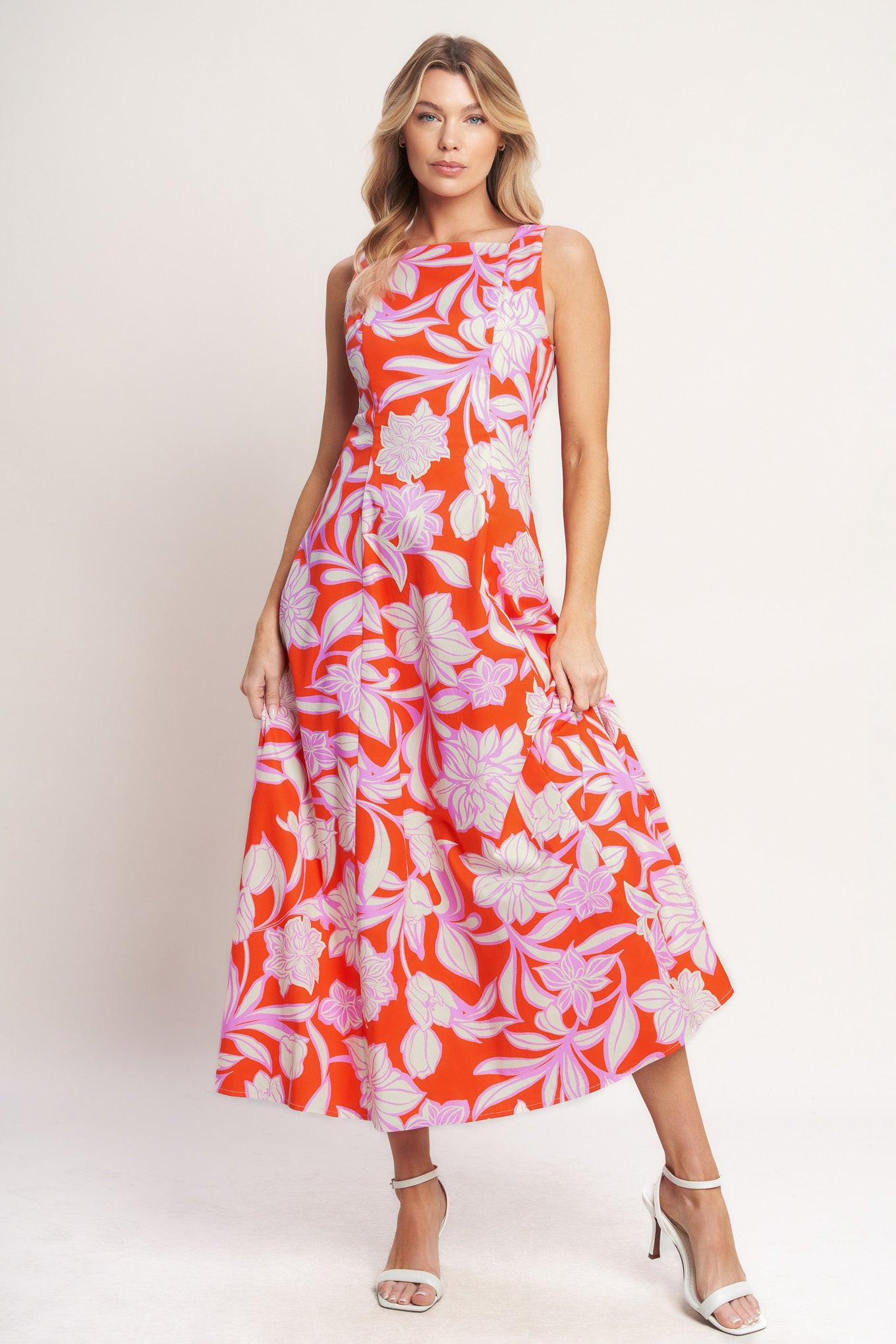 Palm Romance Woven Midi Dress in burnt orange, view 1 — Soul Flow Apparel