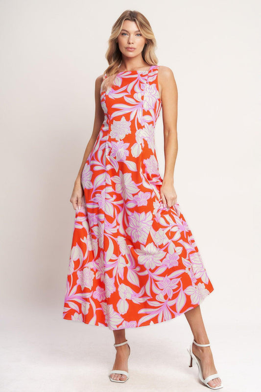 Palm Romance Woven Midi Dress in burnt orange, view 1 — Soul Flow Apparel