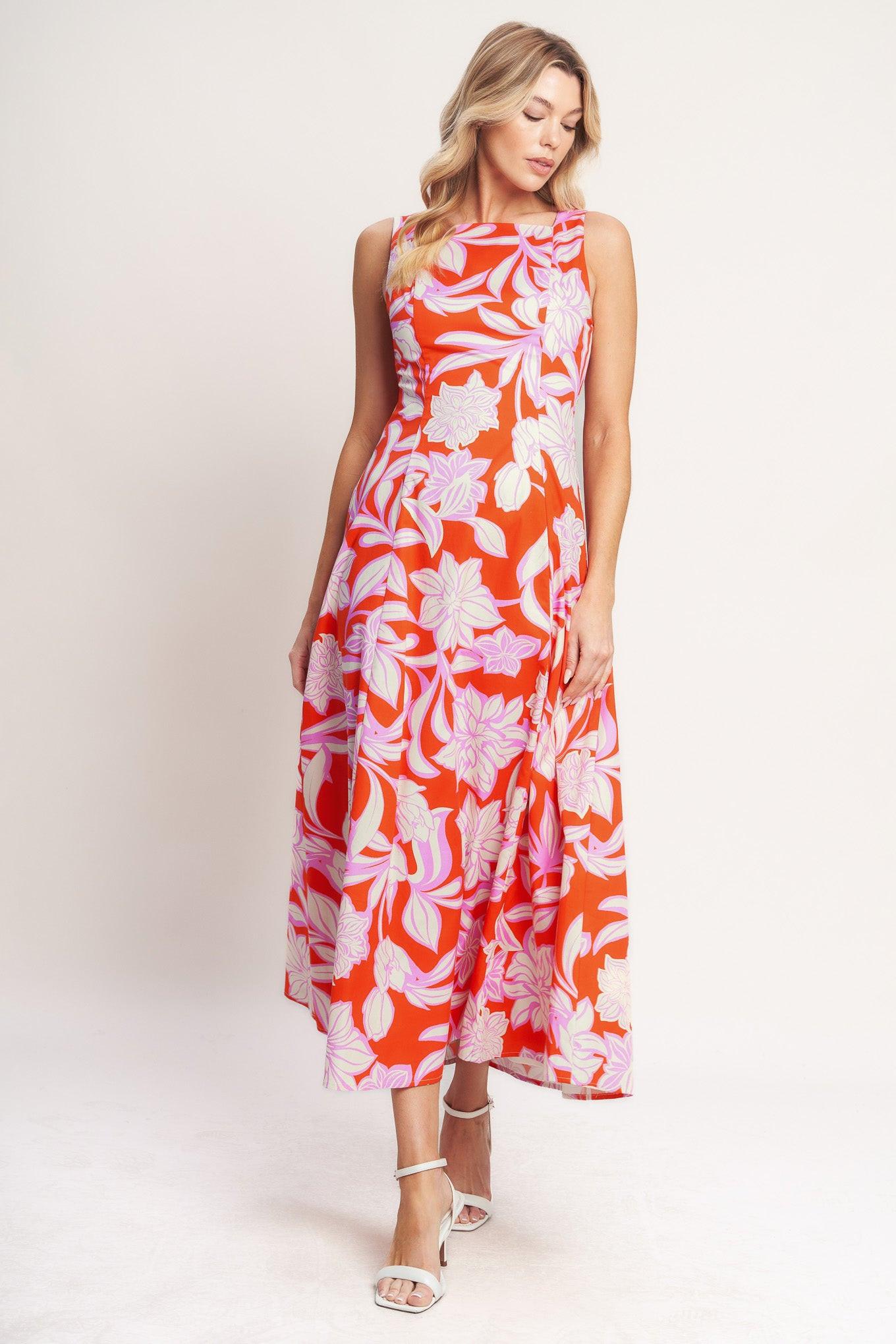 Palm Romance Woven Midi Dress in burnt orange, view 2 — Soul Flow Apparel
