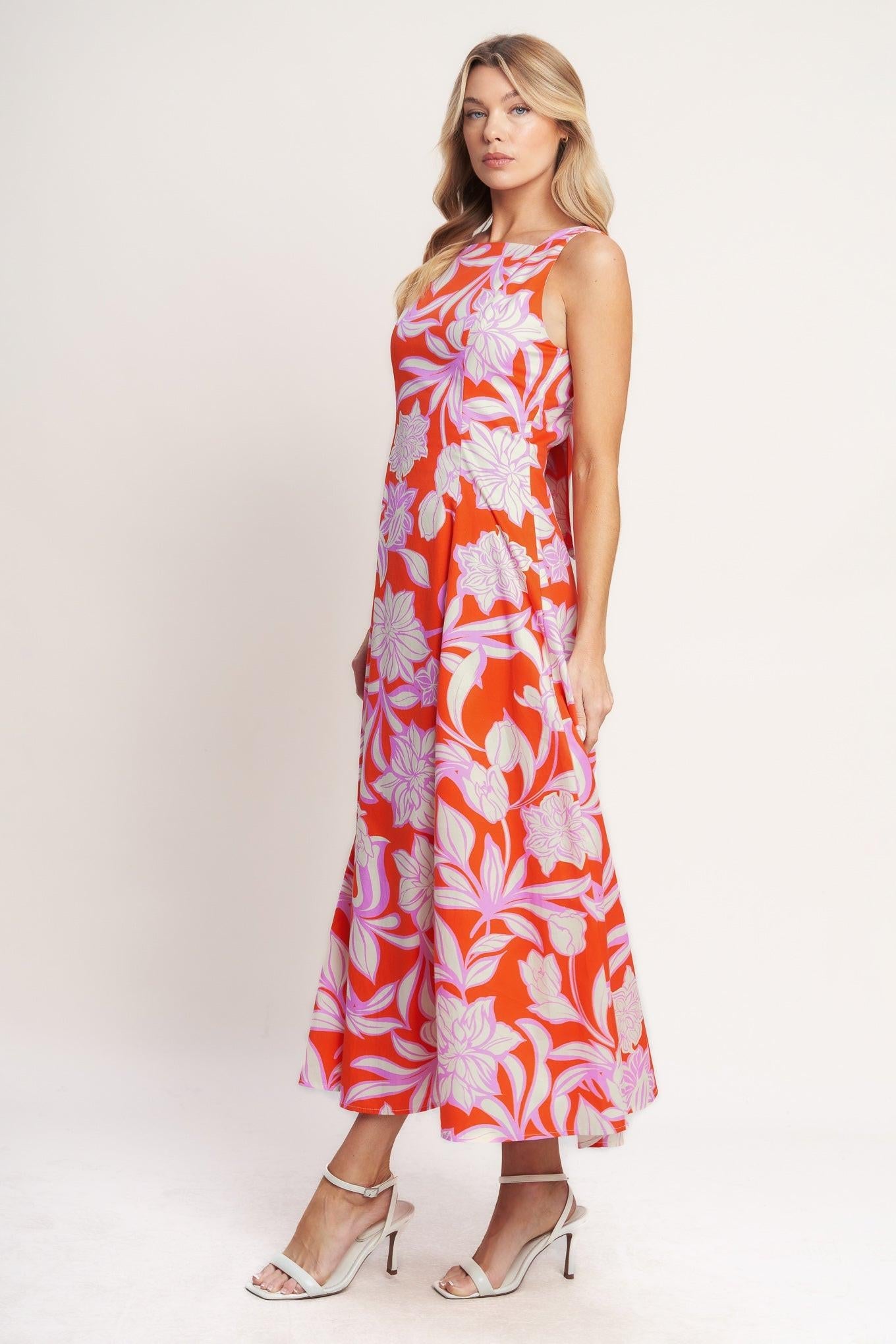 Palm Romance Woven Midi Dress in burnt orange, view 3 — Soul Flow Apparel