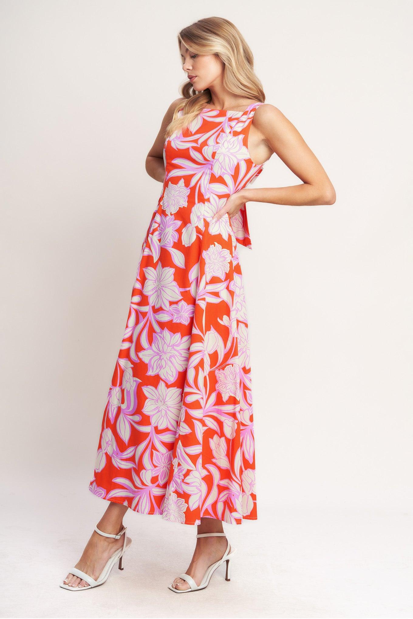 Palm Romance Woven Midi Dress in burnt orange, view 4 — Soul Flow Apparel