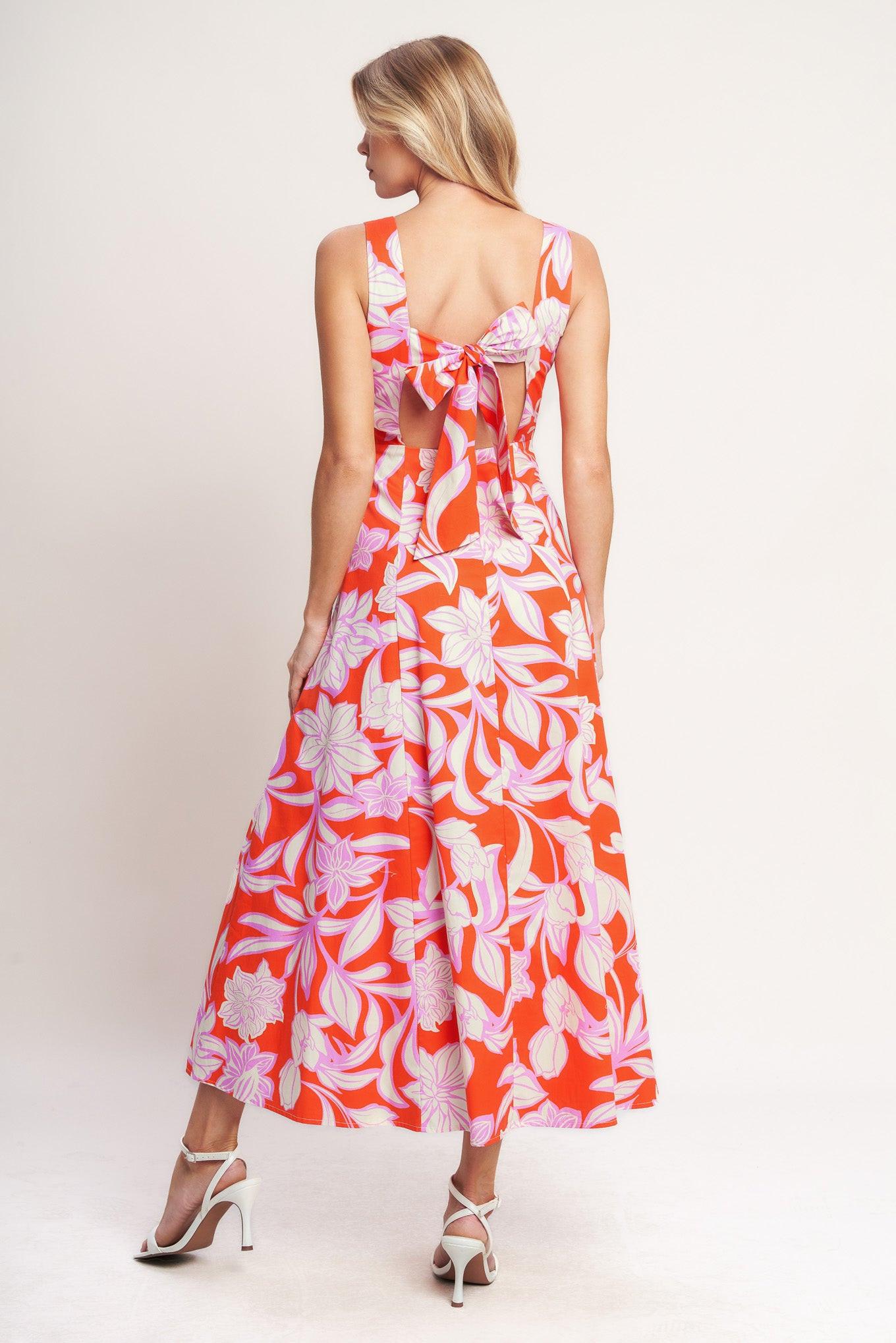 Palm Romance Woven Midi Dress in burnt orange, view 5 — Soul Flow Apparel