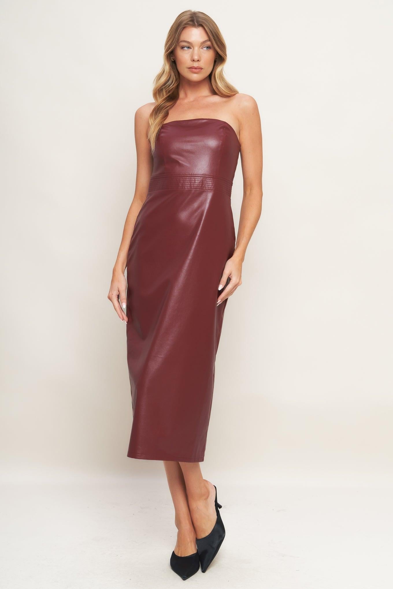 Runway Trend Faux Leather Midi Dress in burgundy, view 1 — Soul Flow Apparel