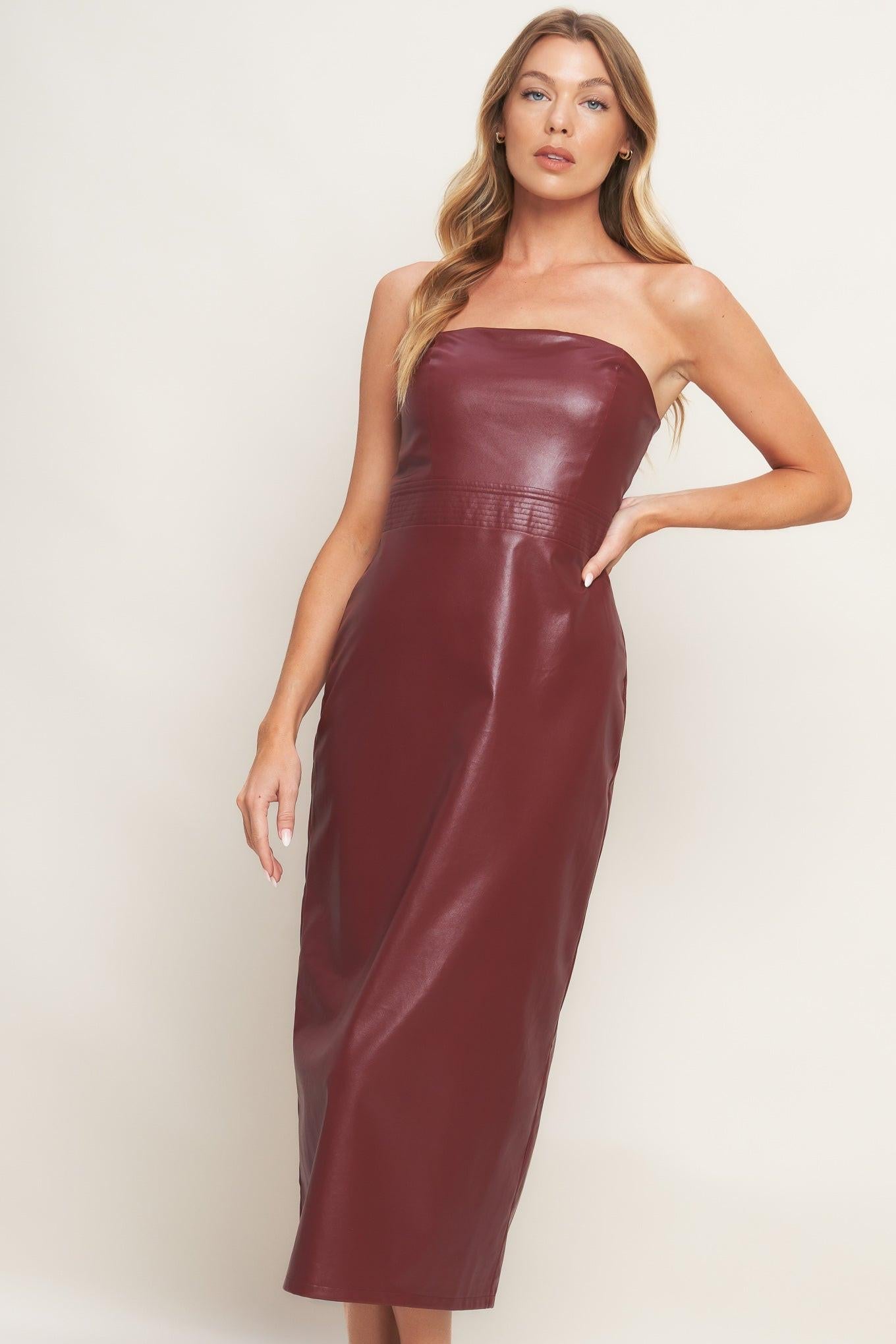 Runway Trend Faux Leather Midi Dress in burgundy, view 2 — Soul Flow Apparel