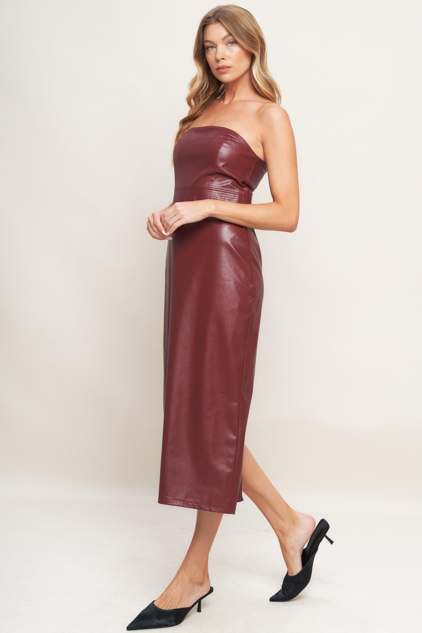 Runway Trend Faux Leather Midi Dress in burgundy, view 4 — Soul Flow Apparel