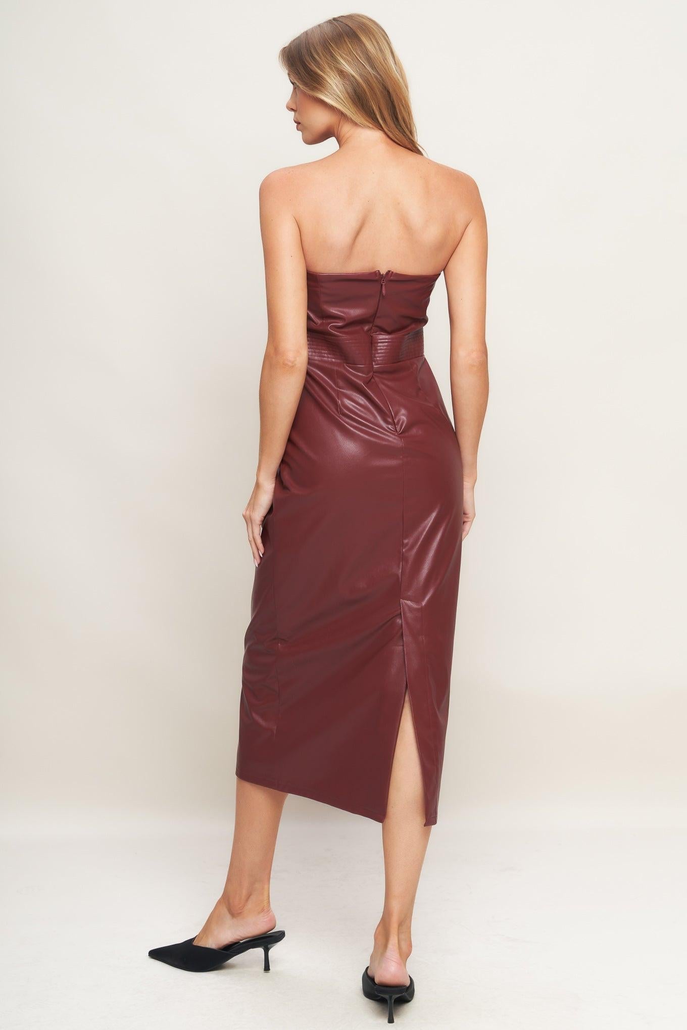 Runway Trend Faux Leather Midi Dress in burgundy, view 5 — Soul Flow Apparel