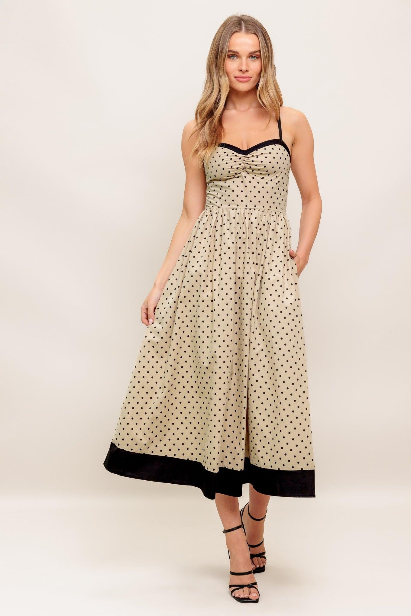 Polka Passion Woven Maxi Dress in taupe black, view 1 — Soul Flow Apparel