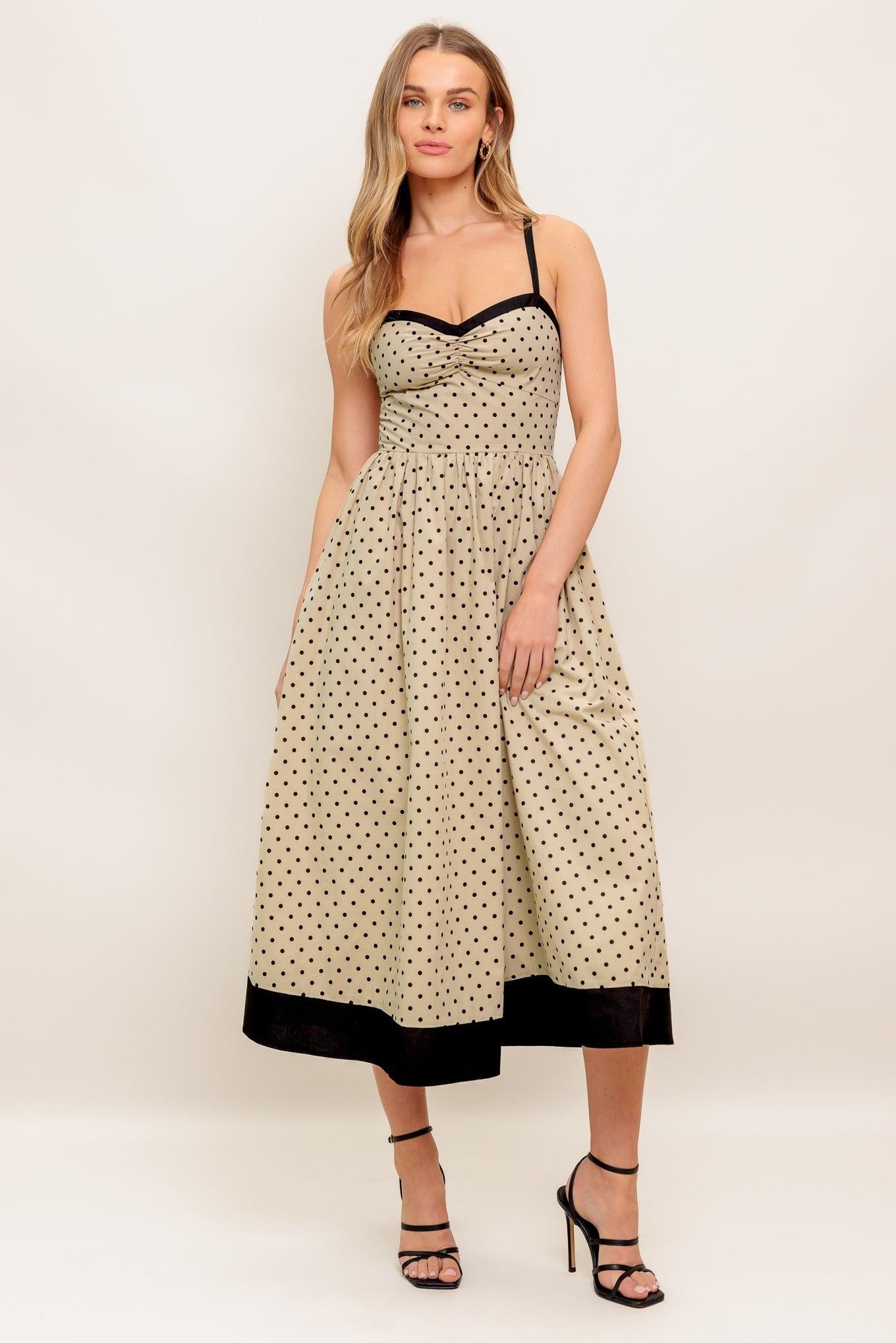 Polka Passion Woven Maxi Dress in taupe black, view 2 — Soul Flow Apparel