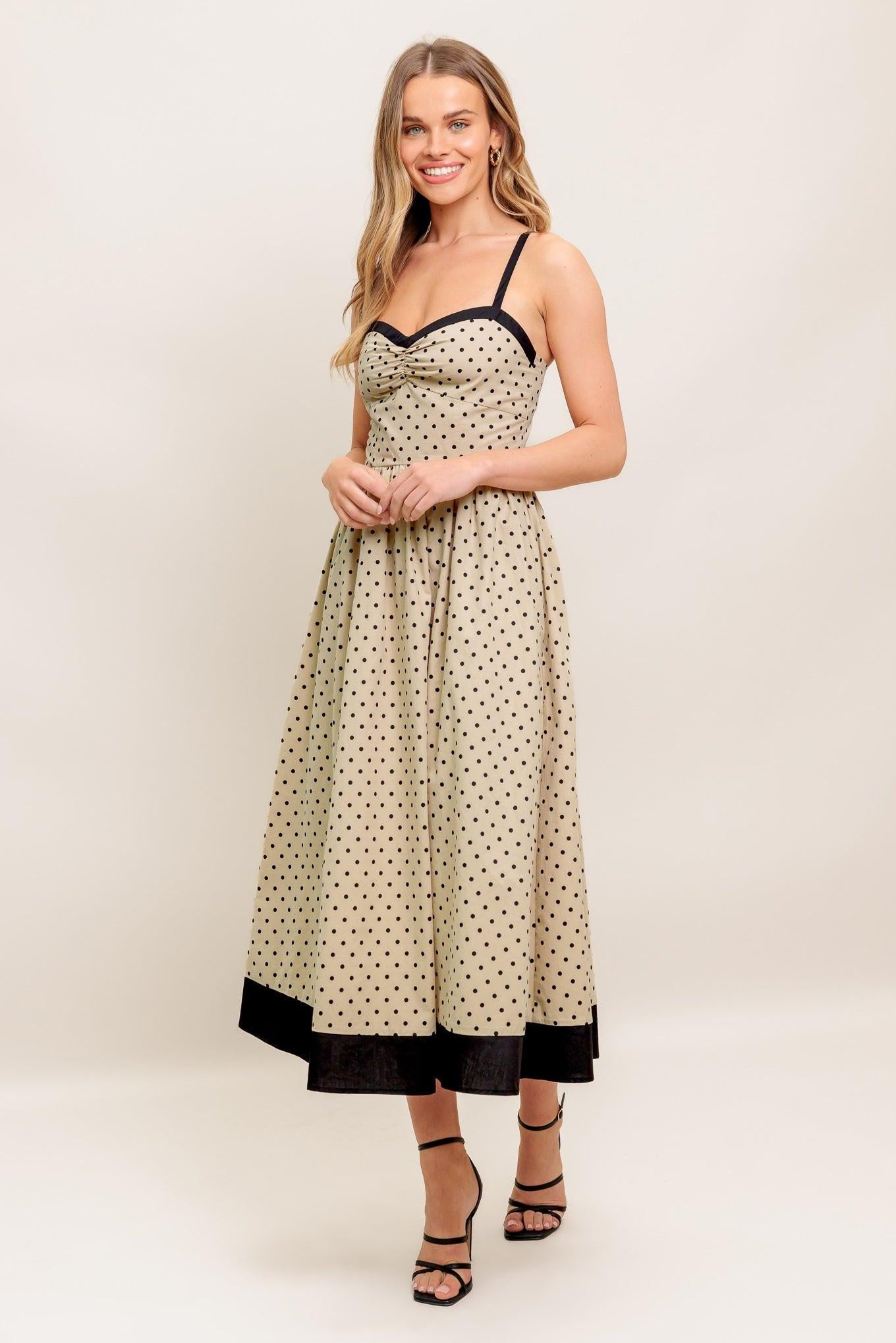Polka Passion Woven Maxi Dress in taupe black, view 4 — Soul Flow Apparel