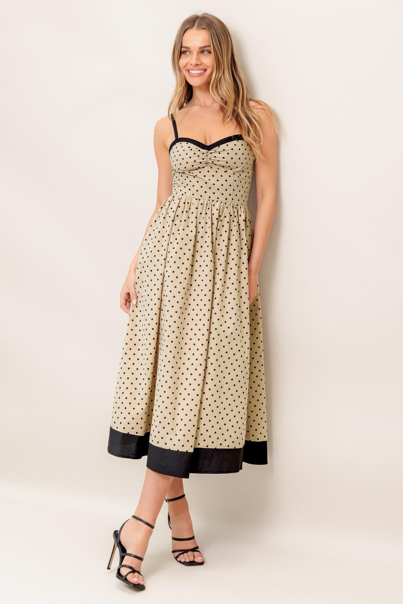 Polka Passion Woven Maxi Dress in taupe black, view 6 — Soul Flow Apparel