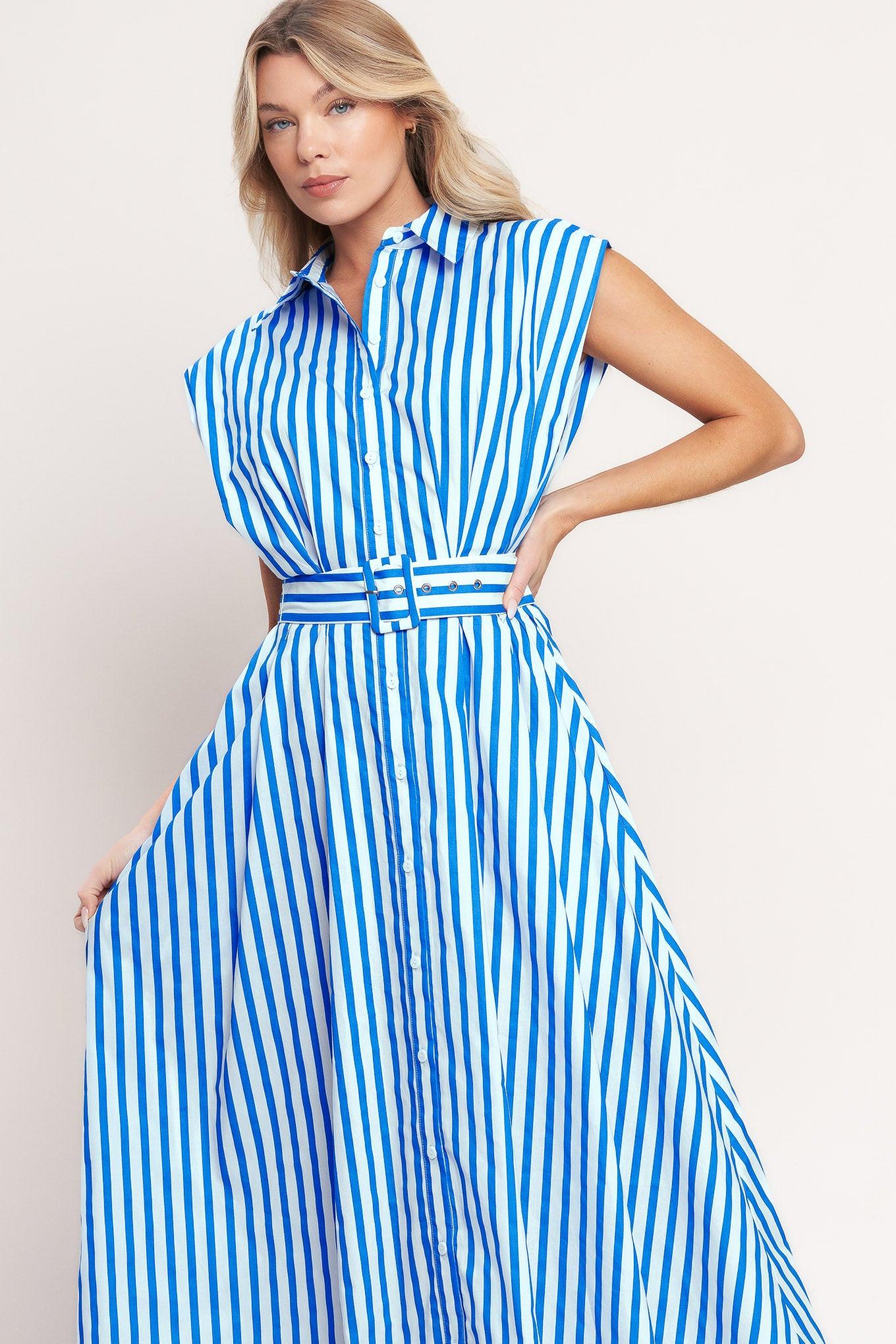 Bistro Stripe Woven Midi Dress in ivory blue, view 1 — Soul Flow Apparel