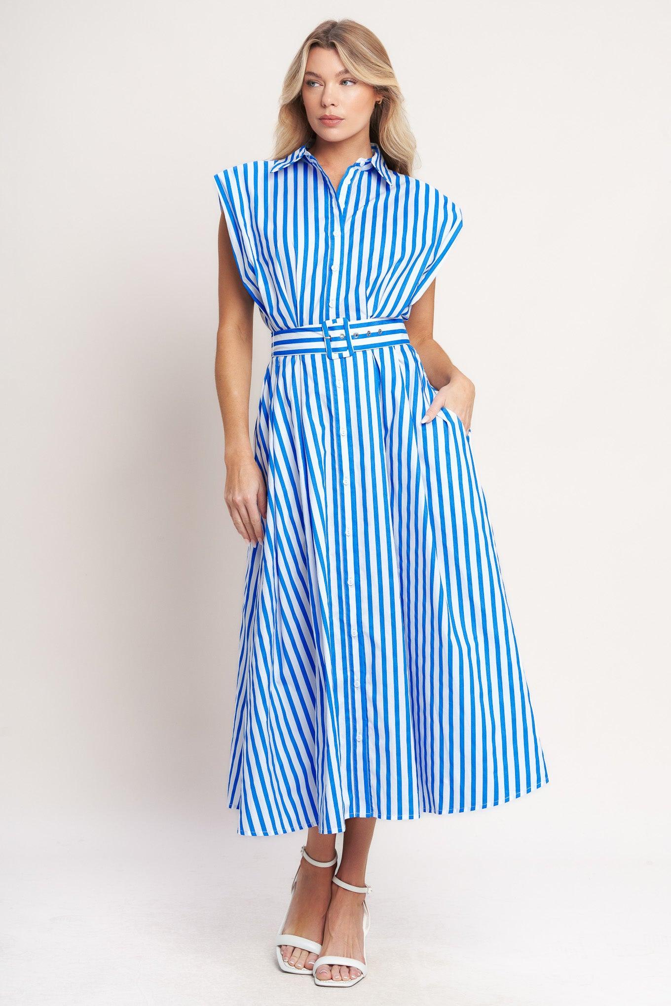 Bistro Stripe Woven Midi Dress in ivory blue, view 2 — Soul Flow Apparel