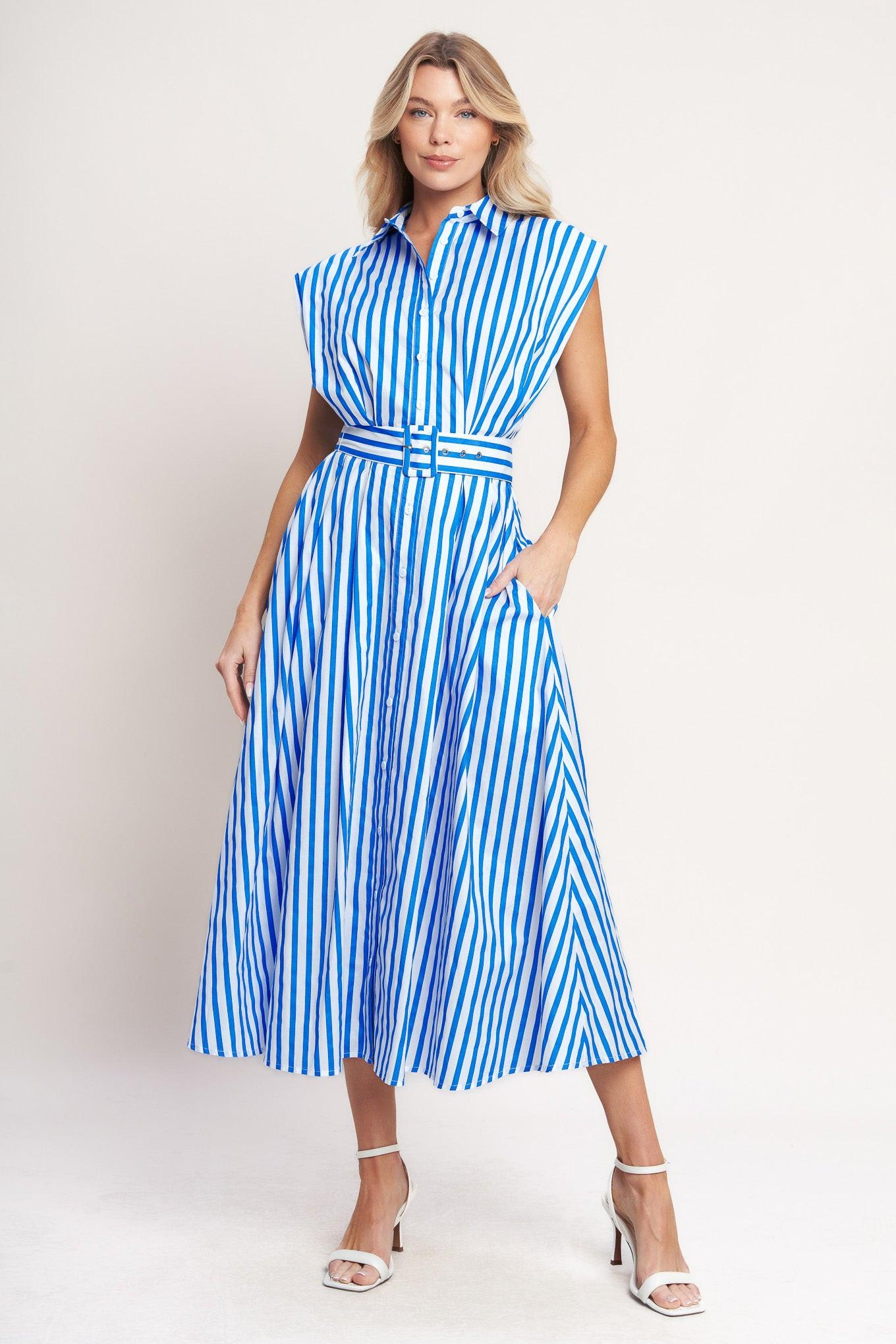 Bistro Stripe Woven Midi Dress in ivory blue, view 3 — Soul Flow Apparel