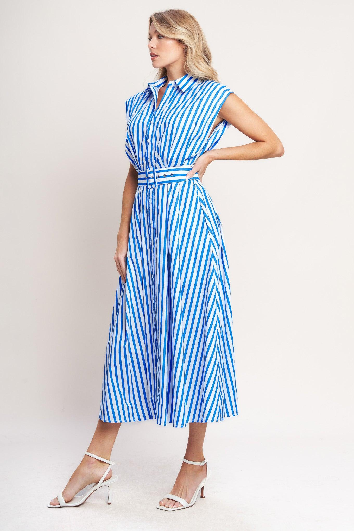 Bistro Stripe Woven Midi Dress in ivory blue, view 4 — Soul Flow Apparel