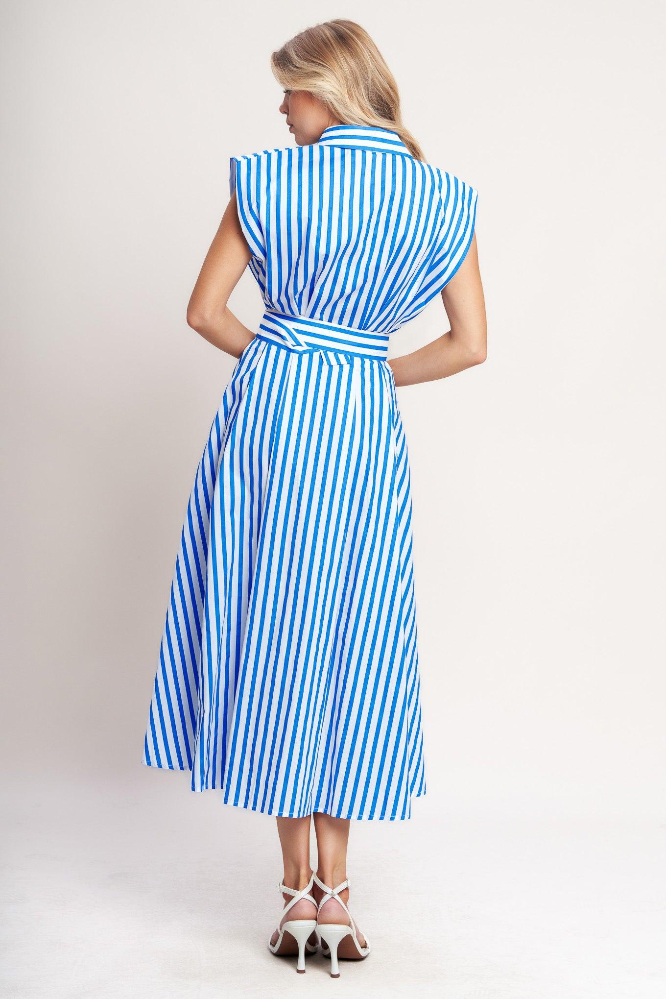 Bistro Stripe Woven Midi Dress in ivory blue, view 5 — Soul Flow Apparel