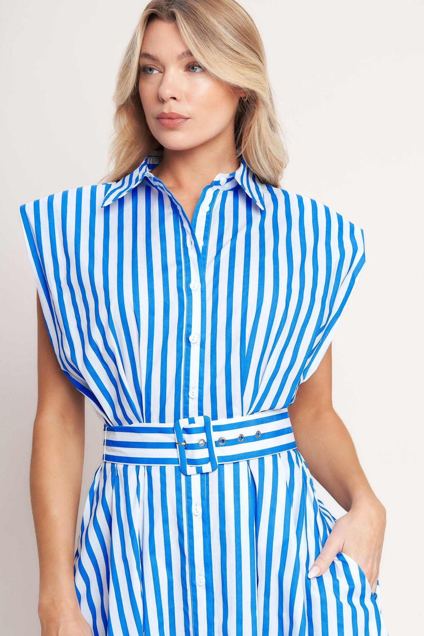 Bistro Stripe Woven Midi Dress in ivory blue, view 6 — Soul Flow Apparel