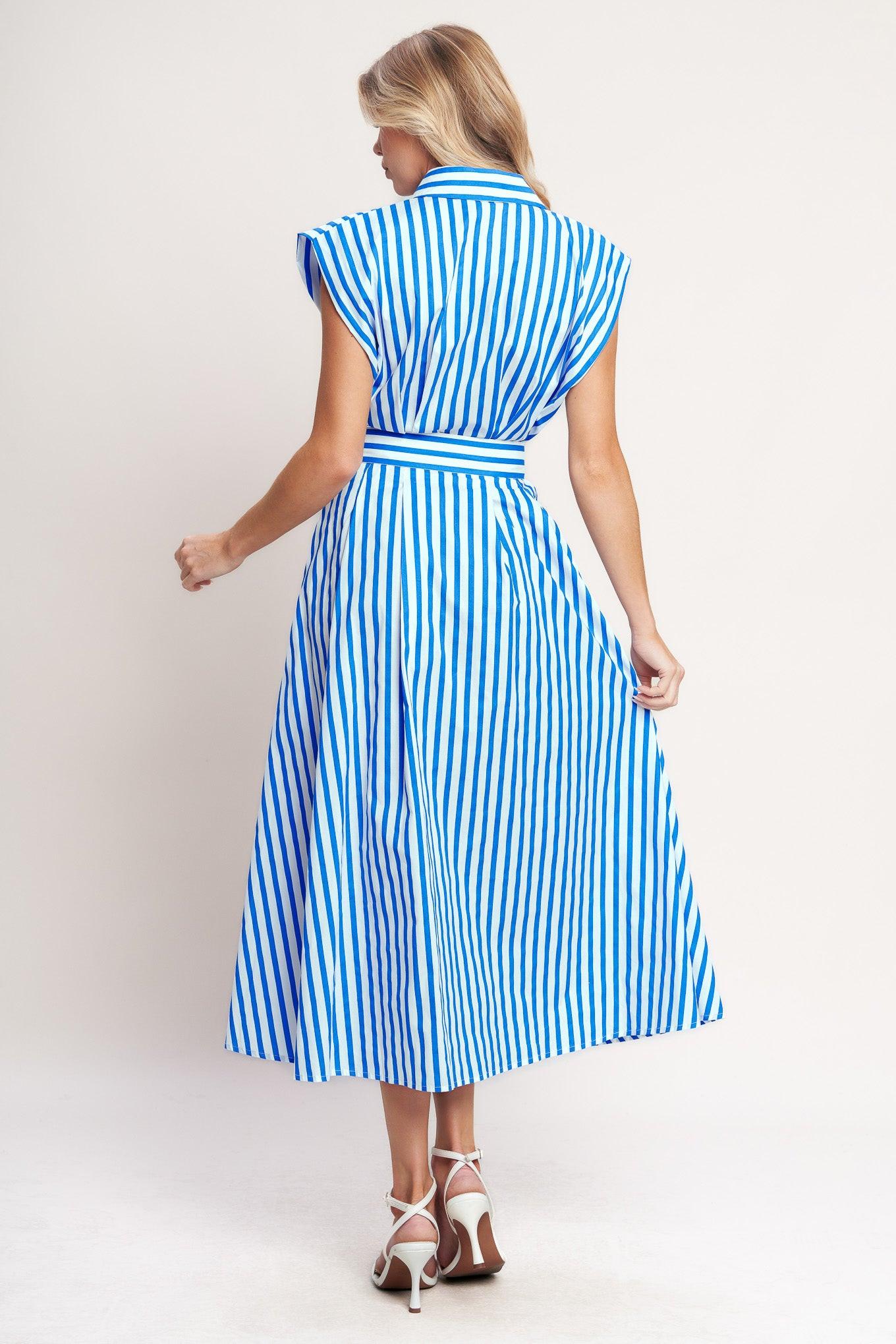 Bistro Stripe Woven Midi Dress in ivory blue, view 7 — Soul Flow Apparel