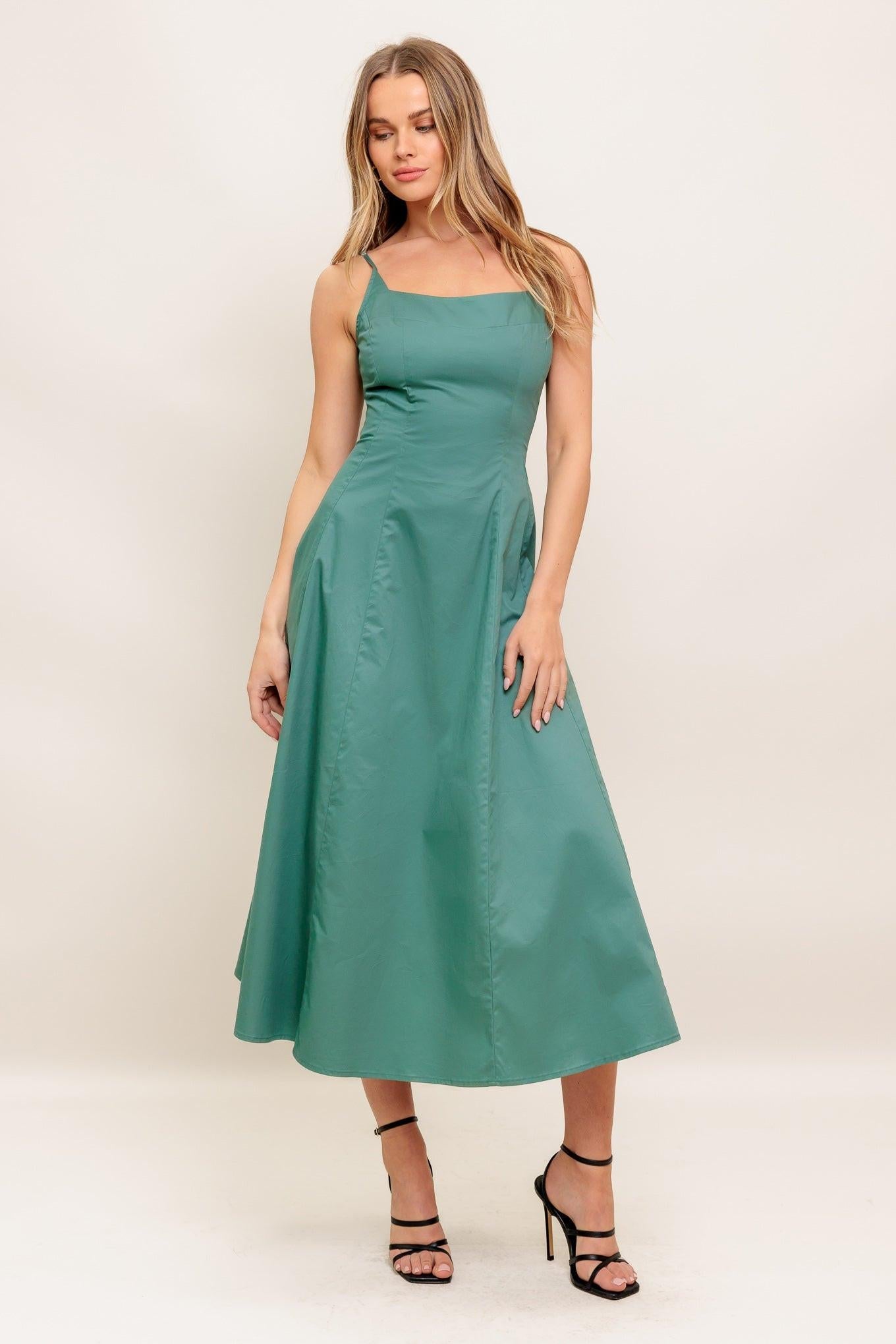 Verde Elegante Woven Midi Dress in teal green, view 1 — Soul Flow Apparel
