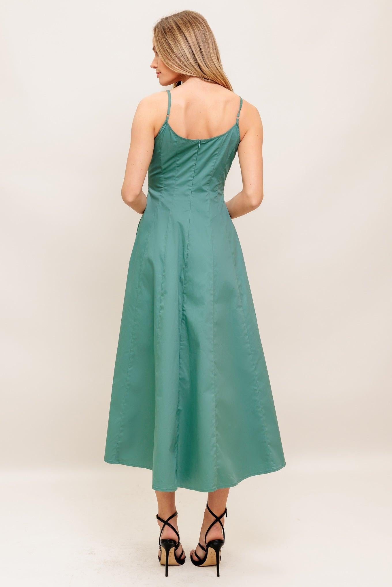 Verde Elegante Woven Midi Dress in teal green, view 2 — Soul Flow Apparel