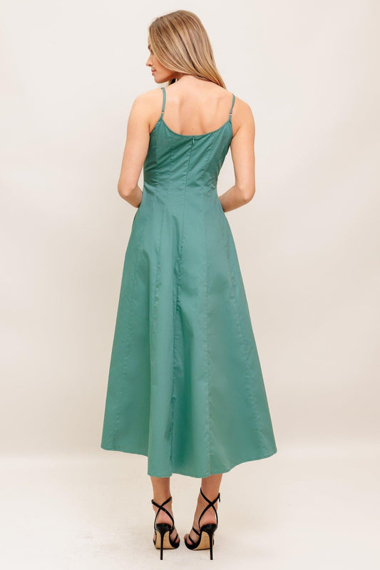 Verde Elegante Woven Midi Dress in teal green, view 2 — Soul Flow Apparel