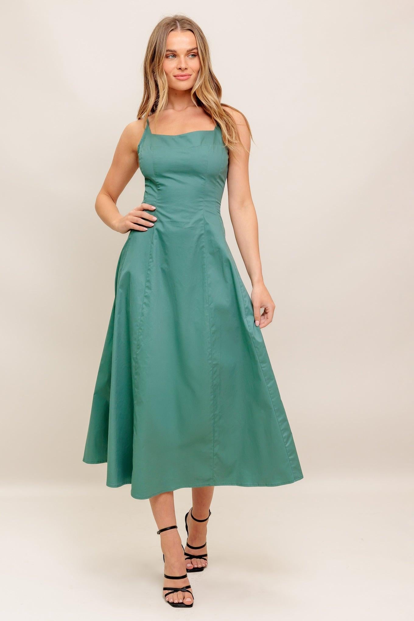 Verde Elegante Woven Midi Dress in teal green, view 3 — Soul Flow Apparel
