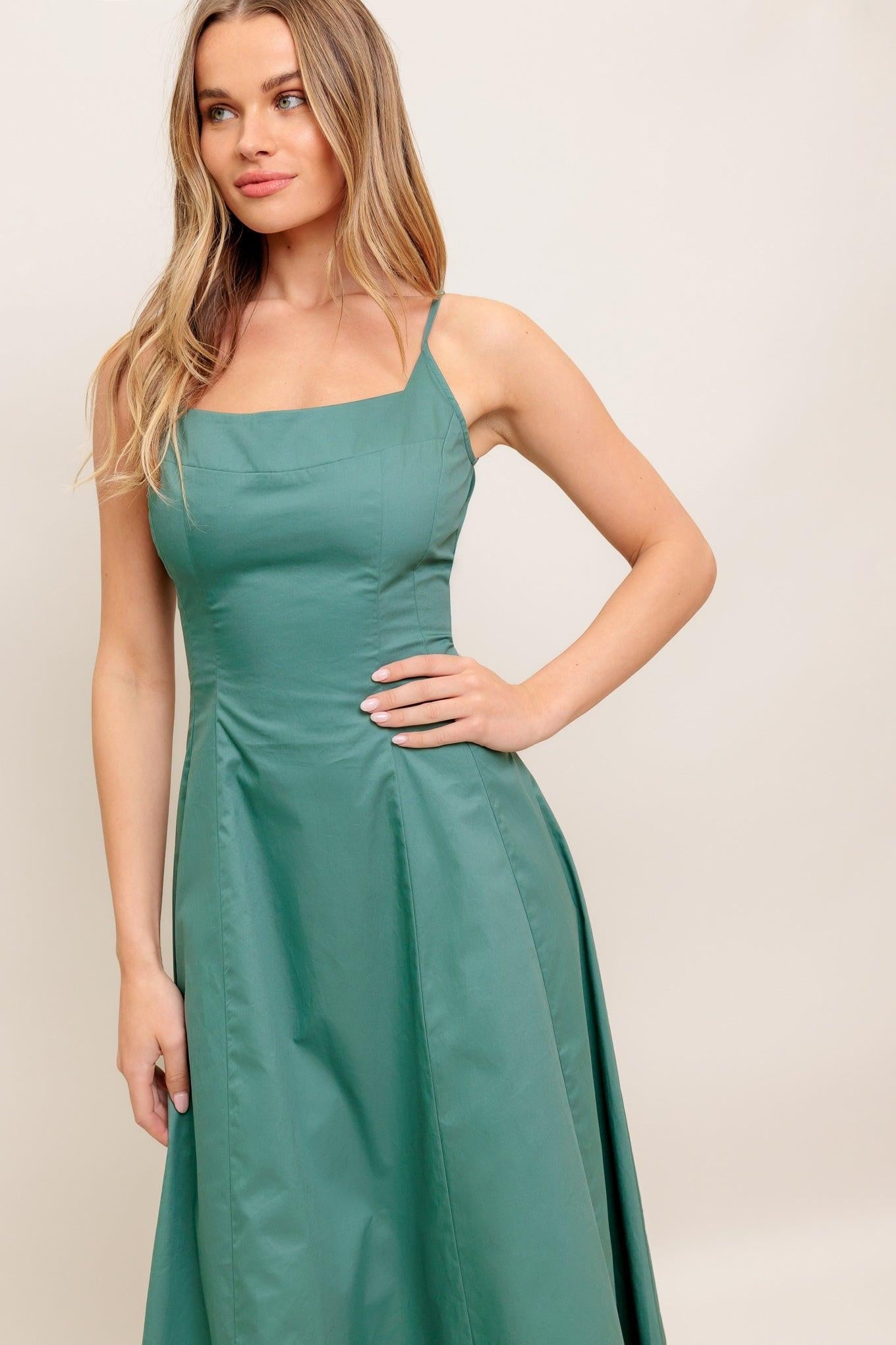 Verde Elegante Woven Midi Dress in teal green, view 4 — Soul Flow Apparel