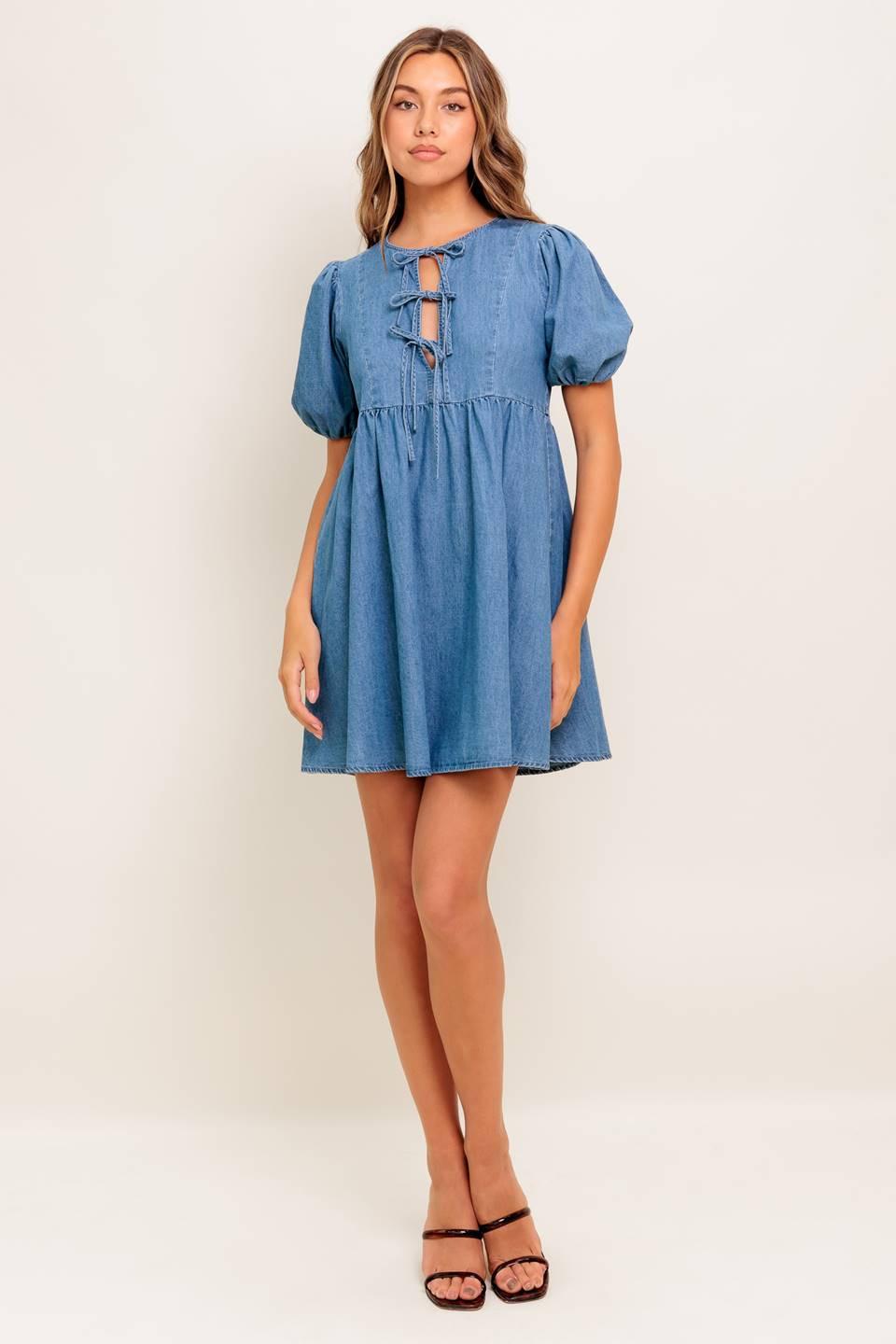 Sunset Getaway Denim Mini Dress in medium indigo, view 1 — Soul Flow Apparel