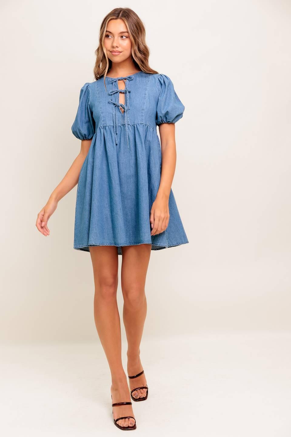 Sunset Getaway Denim Mini Dress in medium indigo, view 2 — Soul Flow Apparel