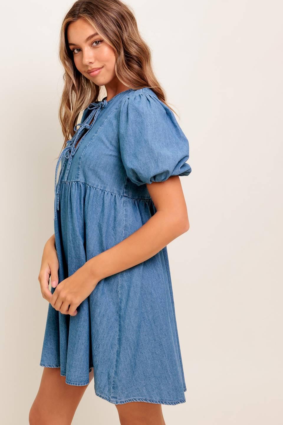 Sunset Getaway Denim Mini Dress in medium indigo, view 3 — Soul Flow Apparel