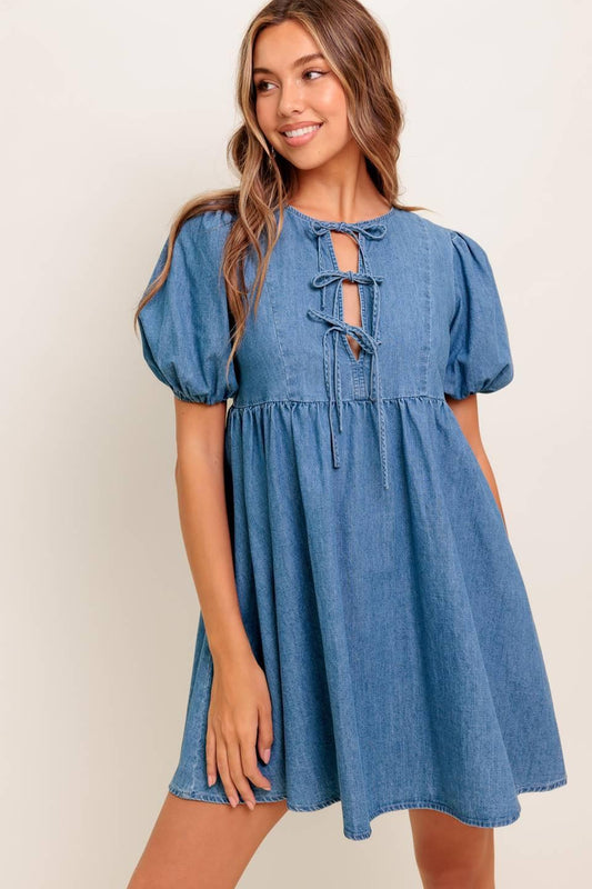 Sunset Getaway Denim Mini Dress in medium indigo, view 4 — Soul Flow Apparel