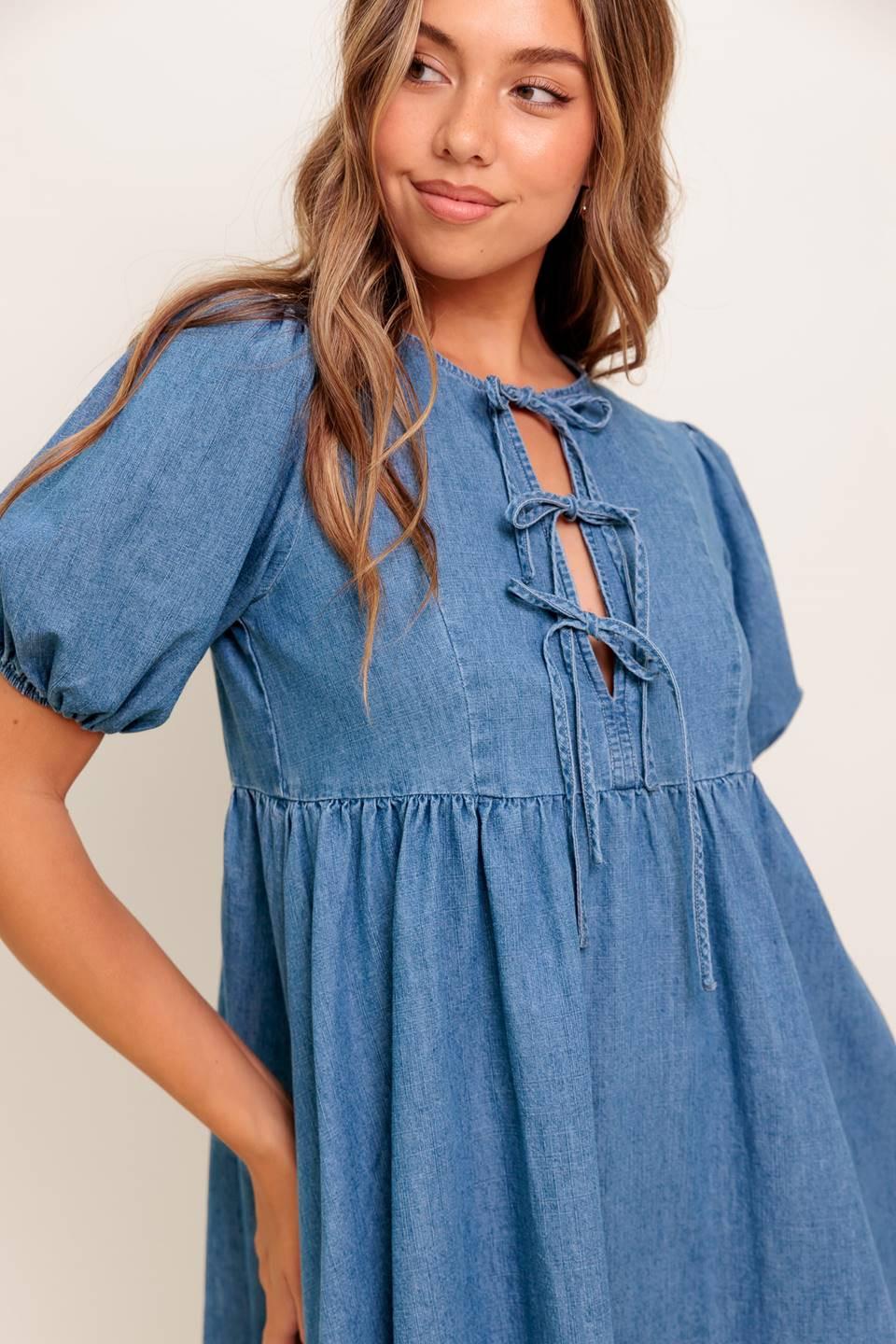 Sunset Getaway Denim Mini Dress in medium indigo, view 5 — Soul Flow Apparel