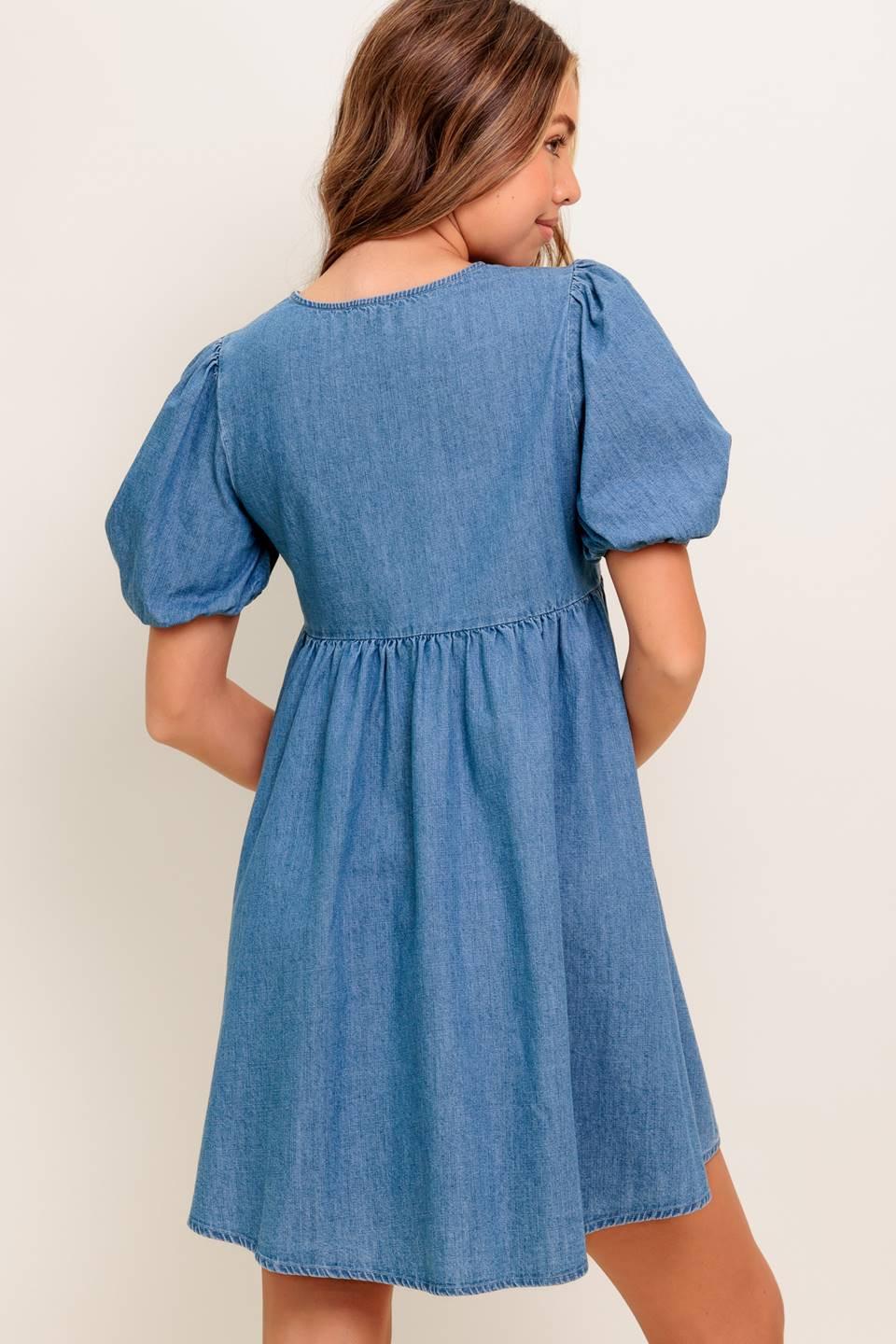 Sunset Getaway Denim Mini Dress in medium indigo, view 6 — Soul Flow Apparel