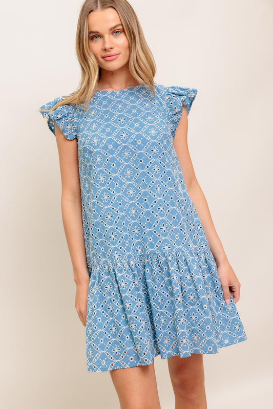 Cupcake Smile Woven Eyelet Babydoll Dress in blue ivory, view 3 — Soul Flow Apparel