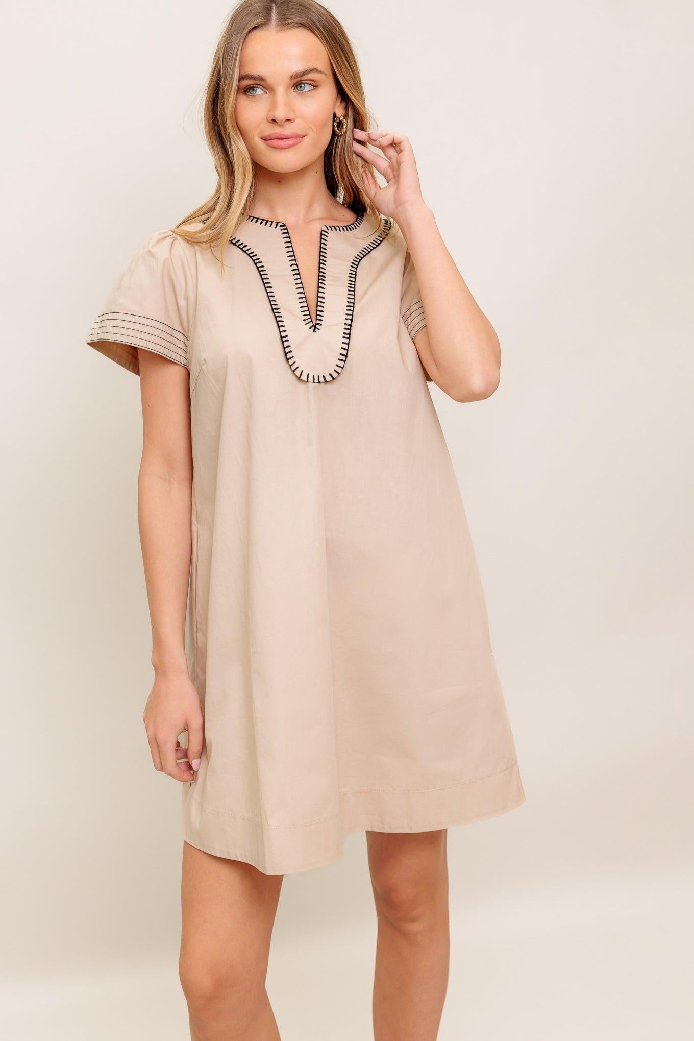 Calm Silhouette Woven Mini Dress in taupe black, view 2 — Soul Flow Apparel