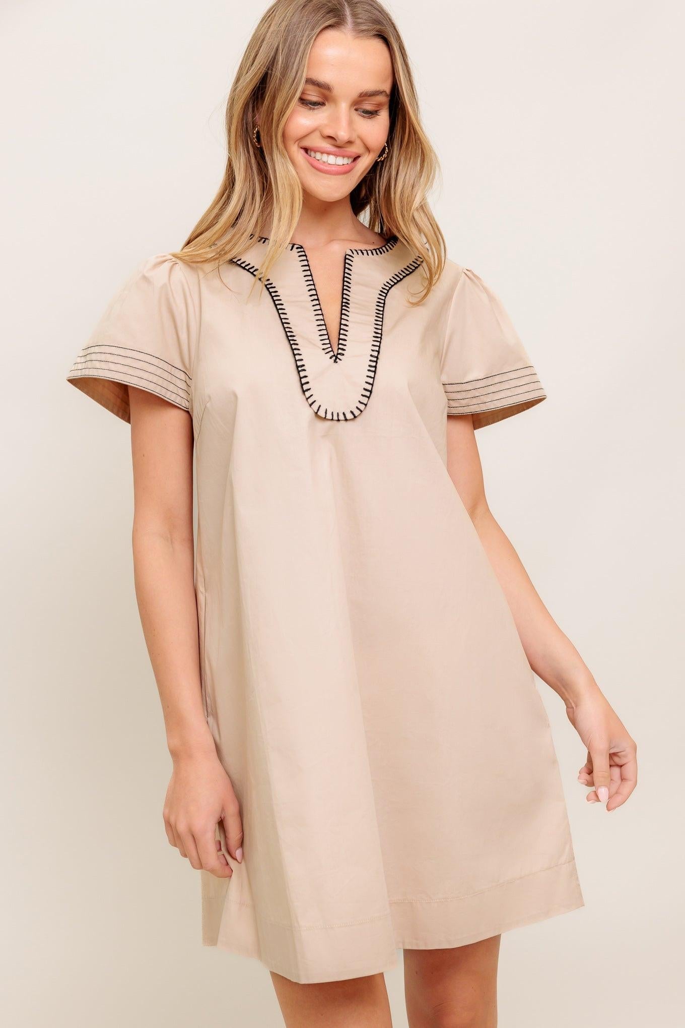 Calm Silhouette Woven Mini Dress in taupe black, view 3 — Soul Flow Apparel