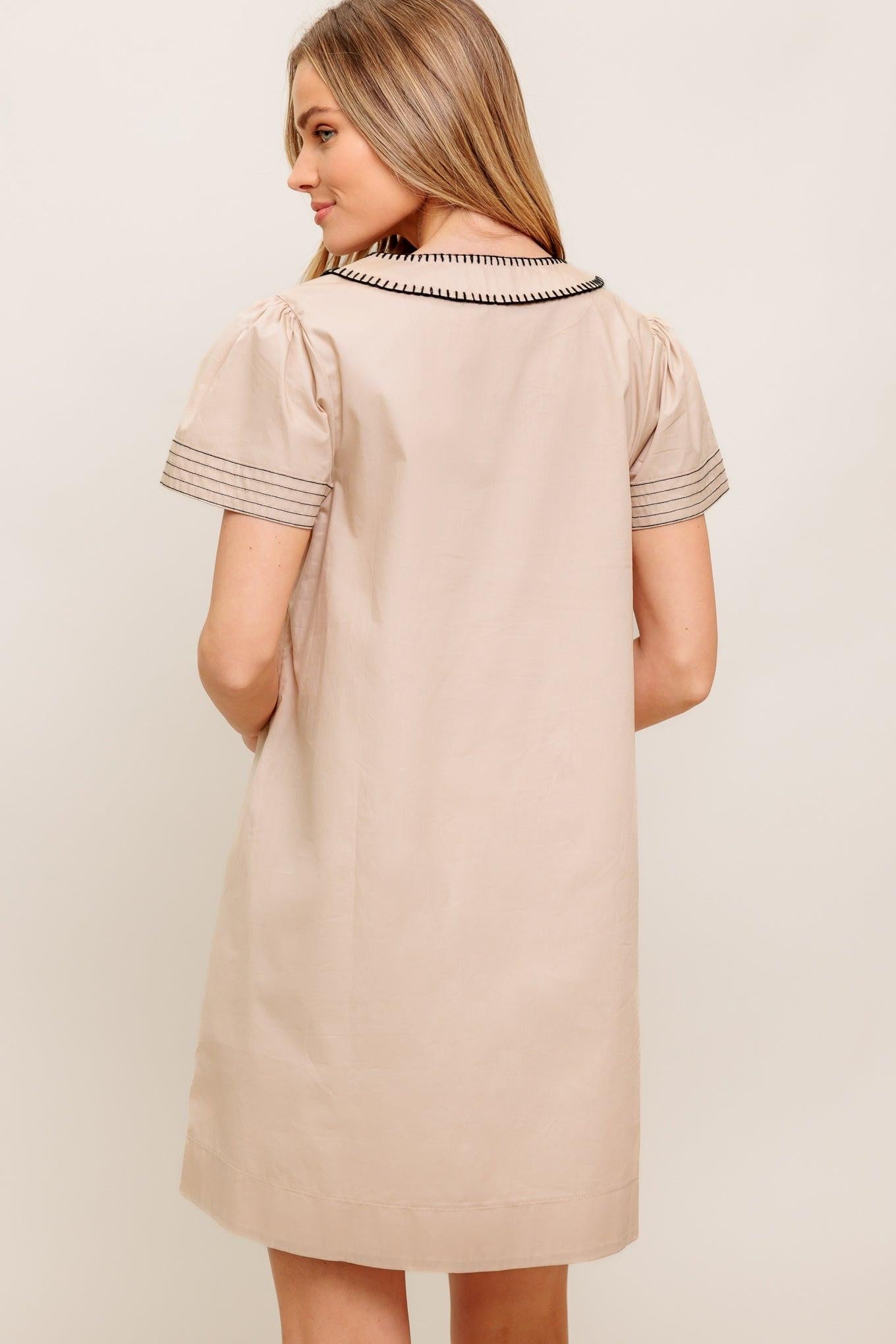 Calm Silhouette Woven Mini Dress in taupe black, view 6 — Soul Flow Apparel