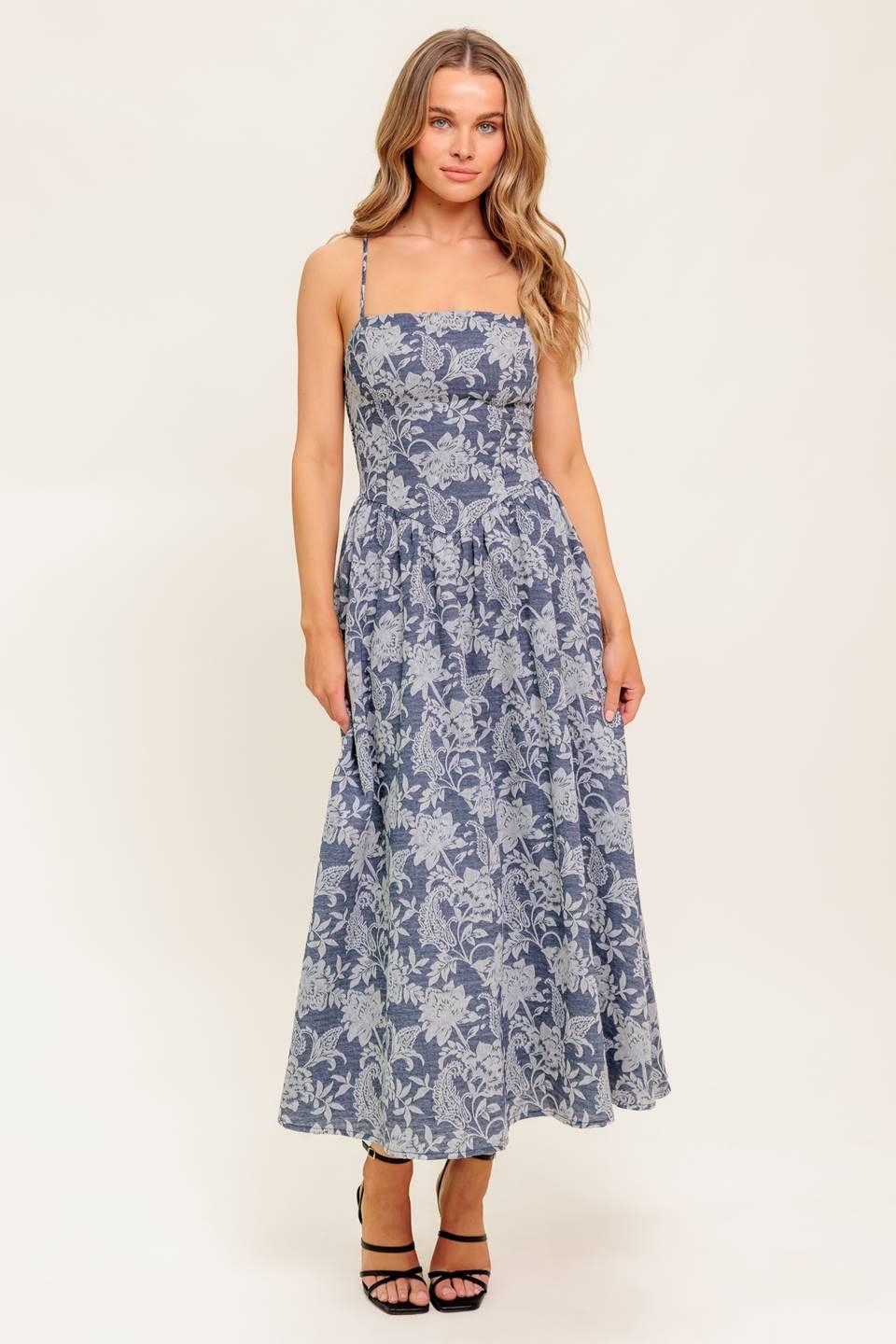 Ordinary Is Overrated Woven Midi Dress in denim blue, view 1 — Soul Flow Apparel