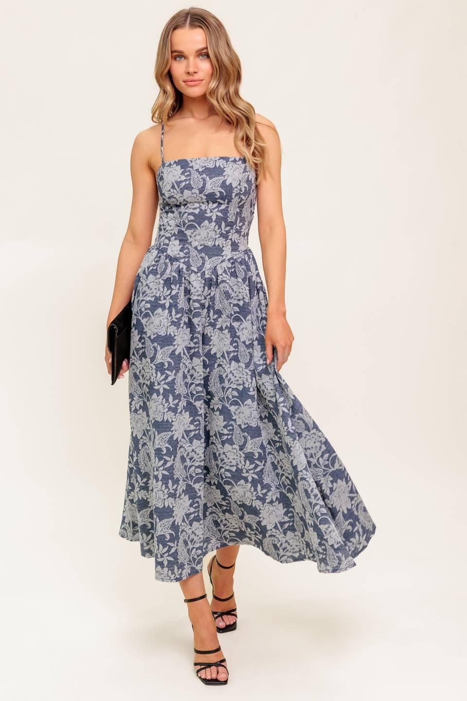 Ordinary Is Overrated Woven Midi Dress in denim blue, view 4 — Soul Flow Apparel