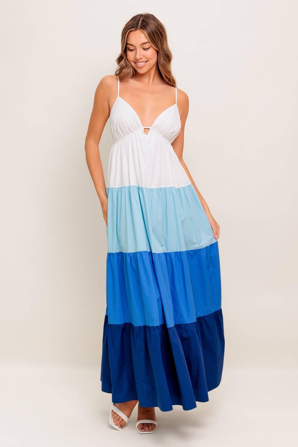 Cruise Mode Woven Midi Dress in white blue, view 1 — Soul Flow Apparel